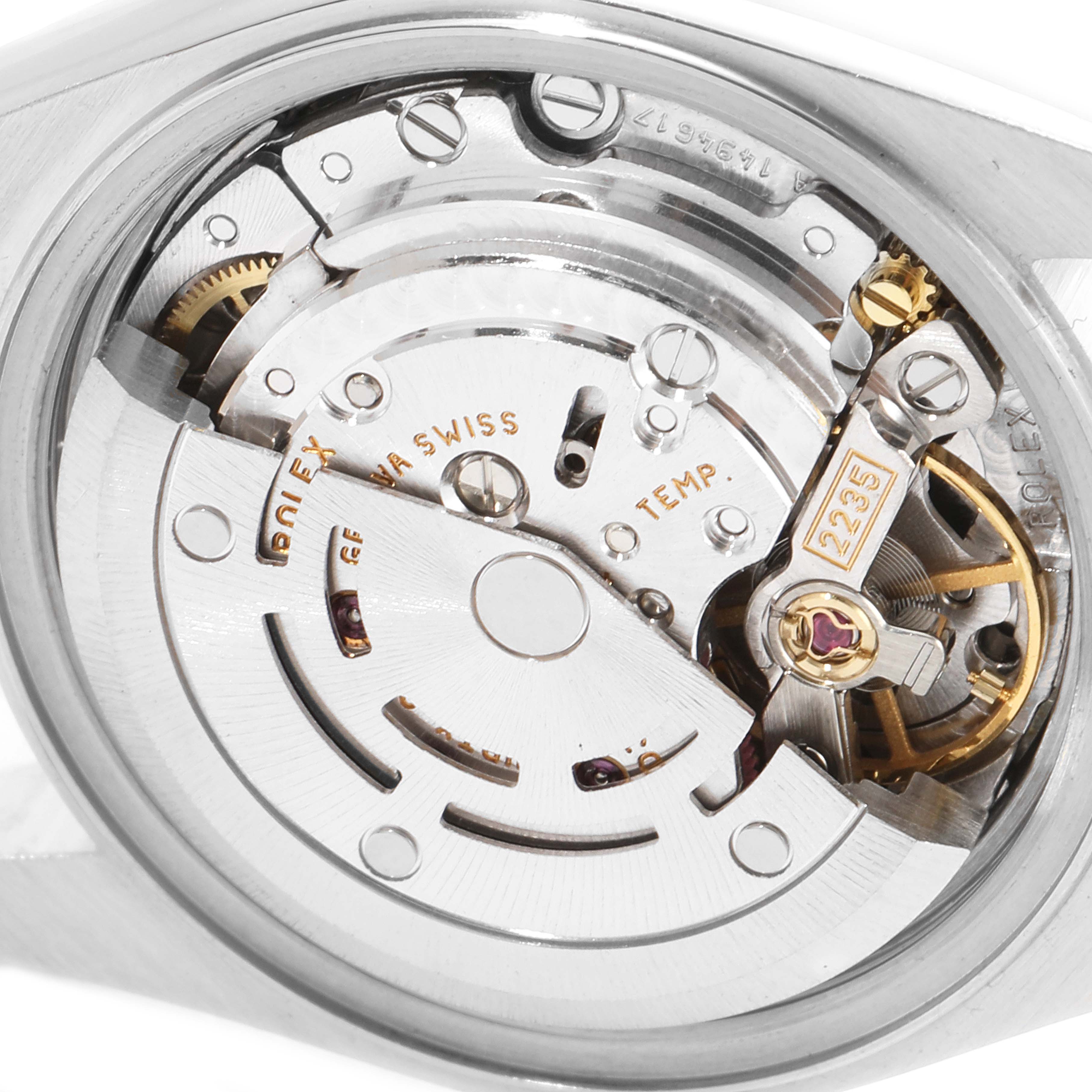 This image shows the intricate internal mechanism of the Rolex Datejust 79174 Women
s Stainless Steel Silver Dial 79174 Women
s Stainless Steel Silver Dial watch from a close-up angle.