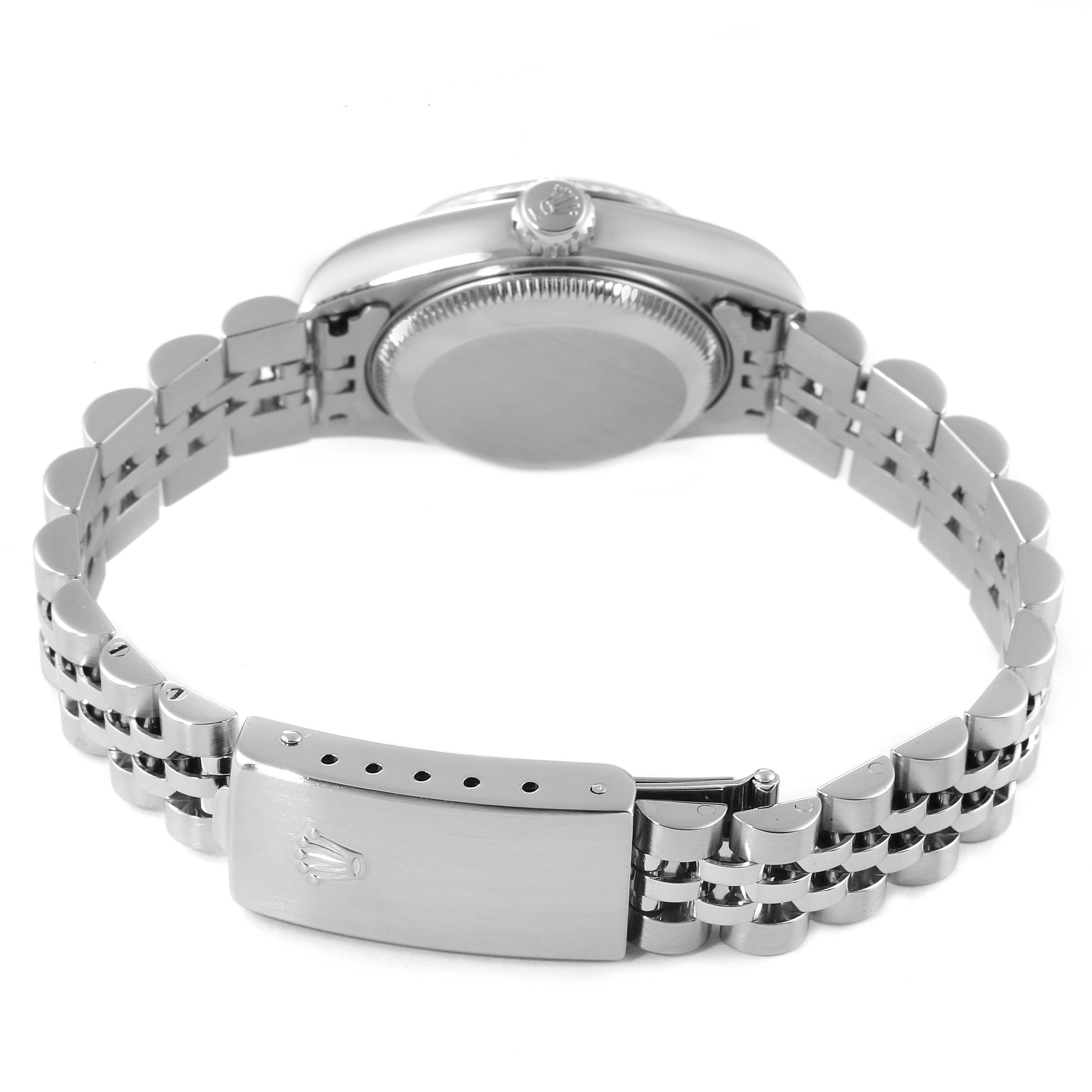 The image shows a rear view of the Rolex Datejust 79174 Women
s Stainless Steel Silver Dial 79174 Women
s Stainless Steel Silver Dial model, highlighting the case back and part of the metal bracelet with the clasp.