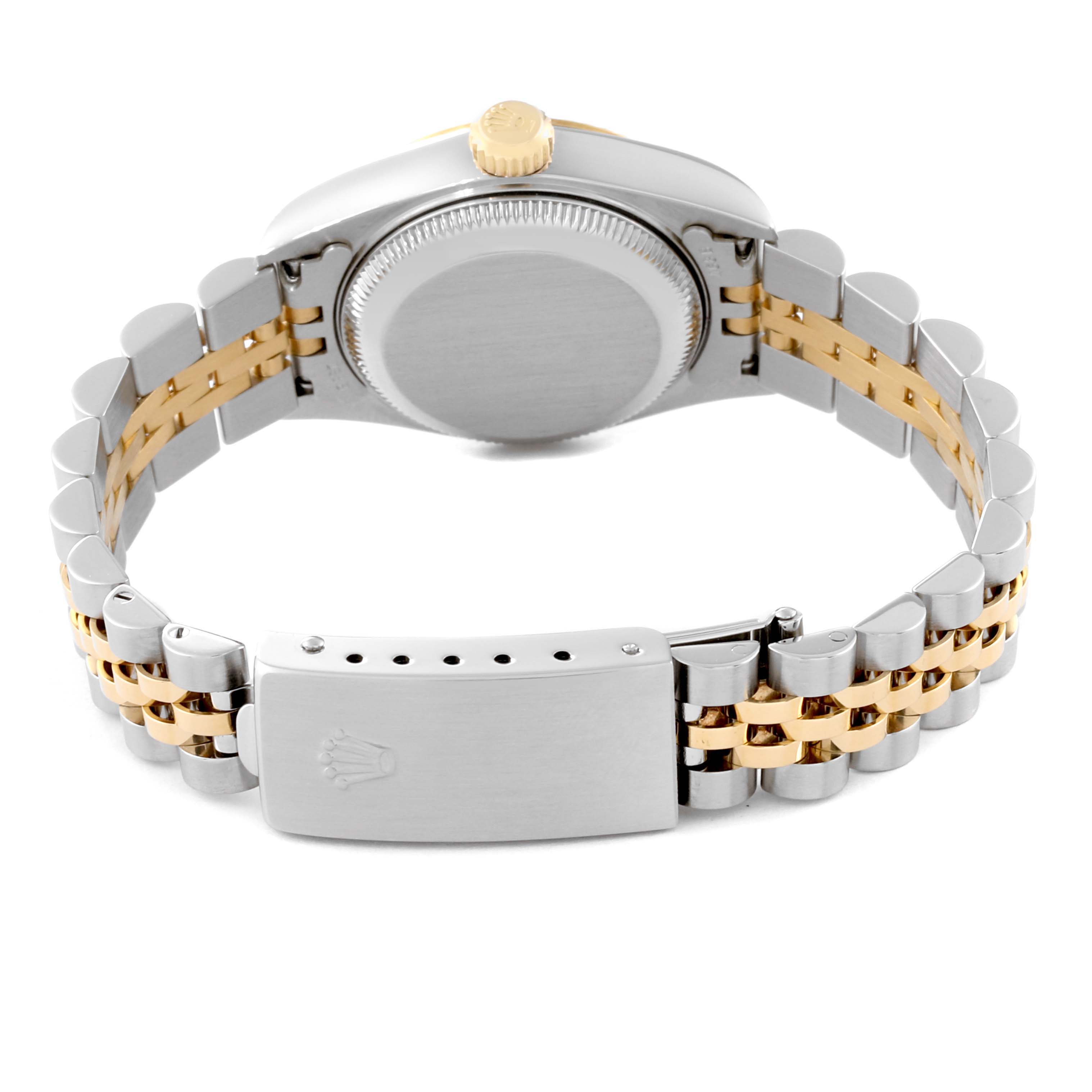 The image shows the back of a Rolex Datejust 79173 Women's Steel and Gold (two tone) Blue Dial 79173 Women's Steel and Gold (two tone) Blue Dial watch, highlighting the clasp, bracelet, and caseback.