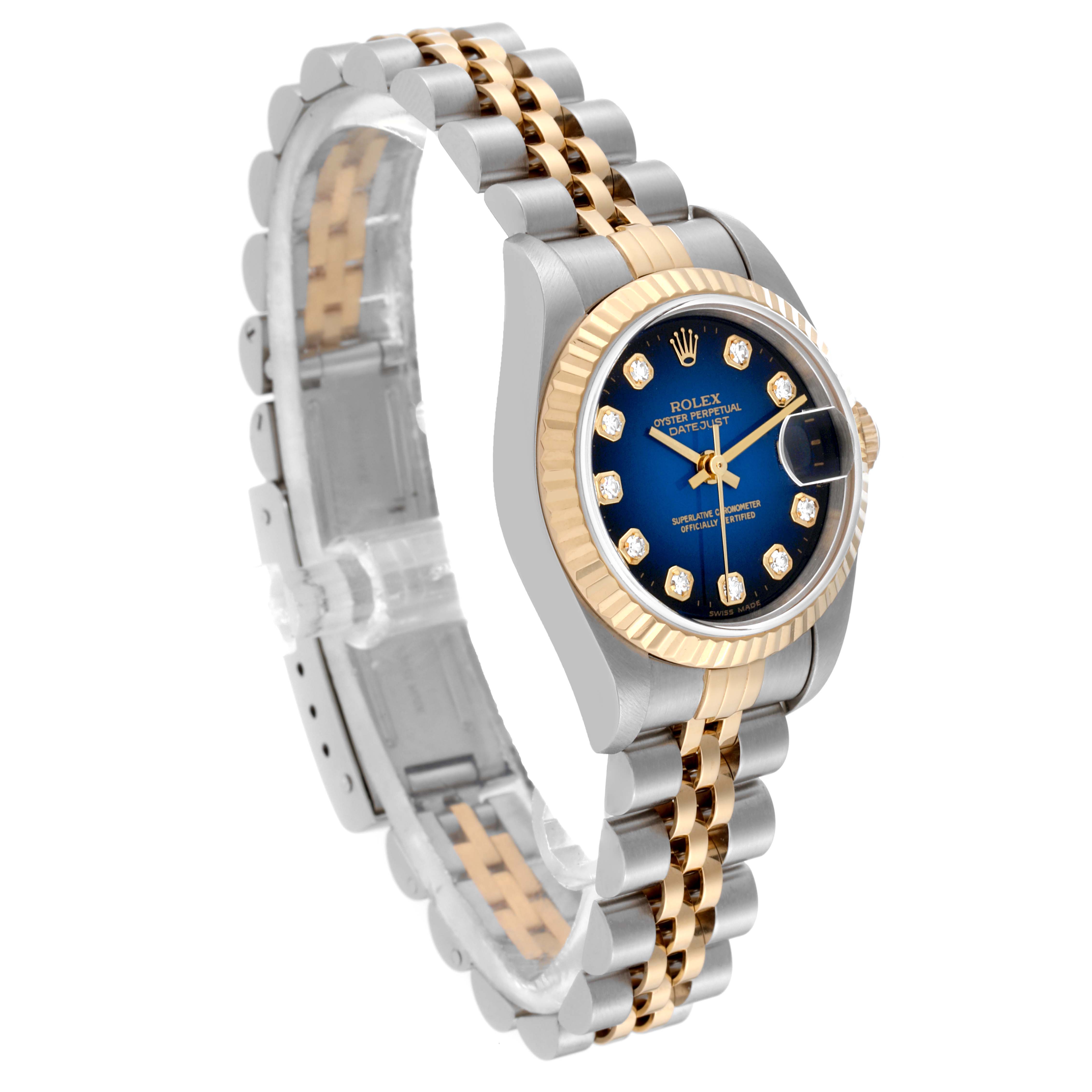 This image shows a Rolex Datejust 79173 Women's Steel and Gold (two tone) Blue Dial 79173 Women's Steel and Gold (two tone) Blue Dial watch at a slight side angle, displaying the dial, bezel, and bracelet.