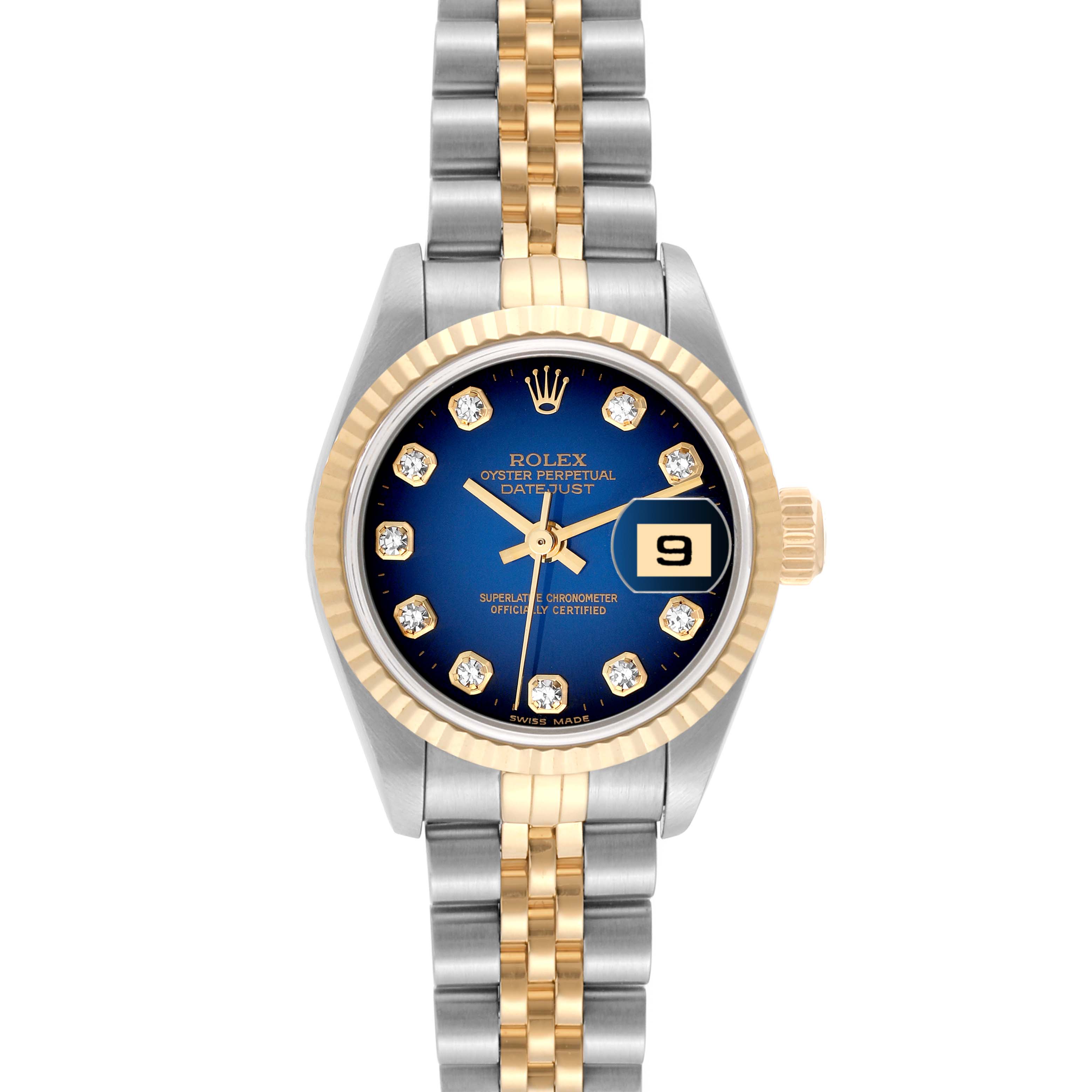 The Rolex Datejust 79173 Women's Steel and Gold (two tone) Blue Dial 79173 Women's Steel and Gold (two tone) Blue Dial watch is shown from a top-down angle, displaying its face, dial, bezel, and bracelet.