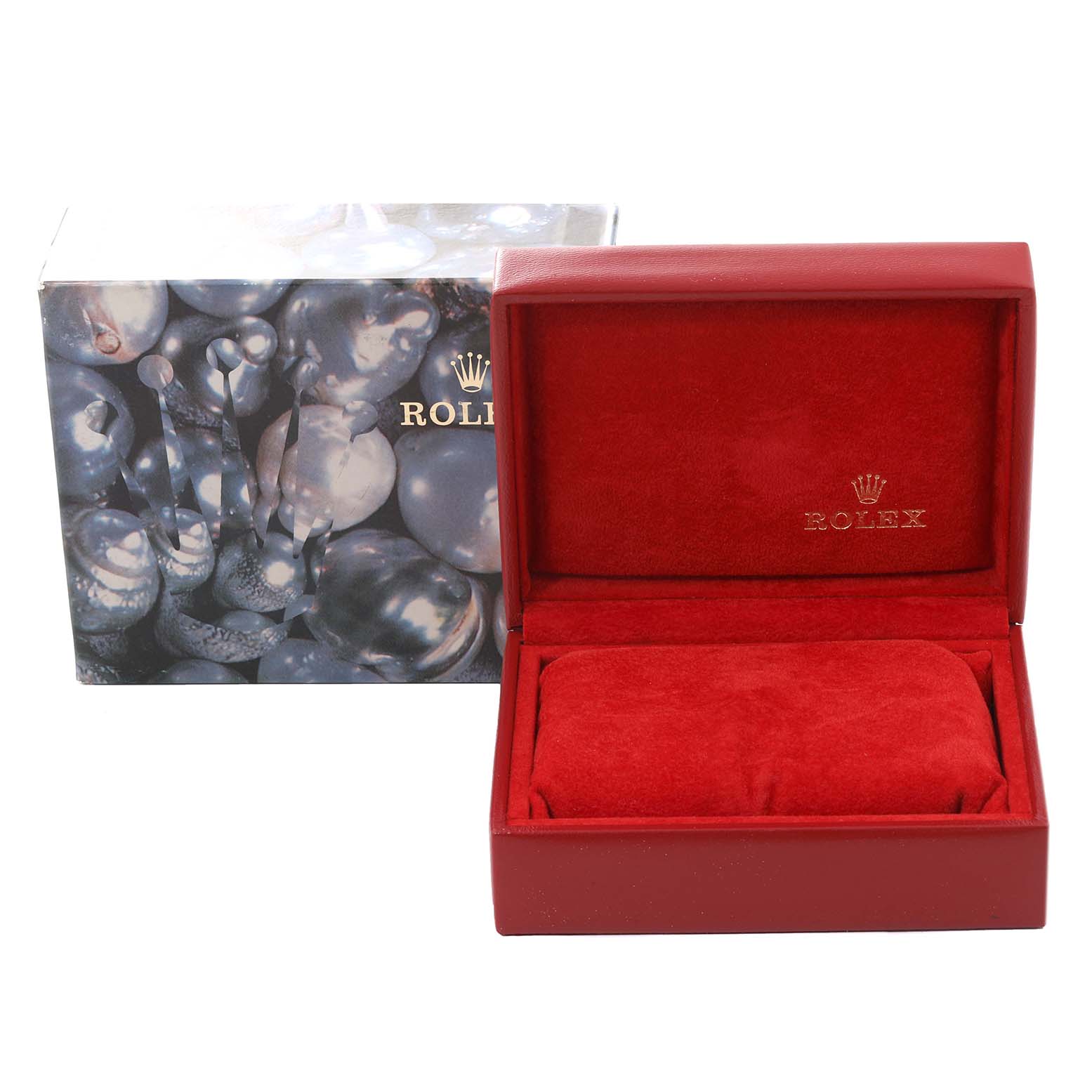 The image shows an open red Rolex watch box and its outer decorative box, for the Datejust model.