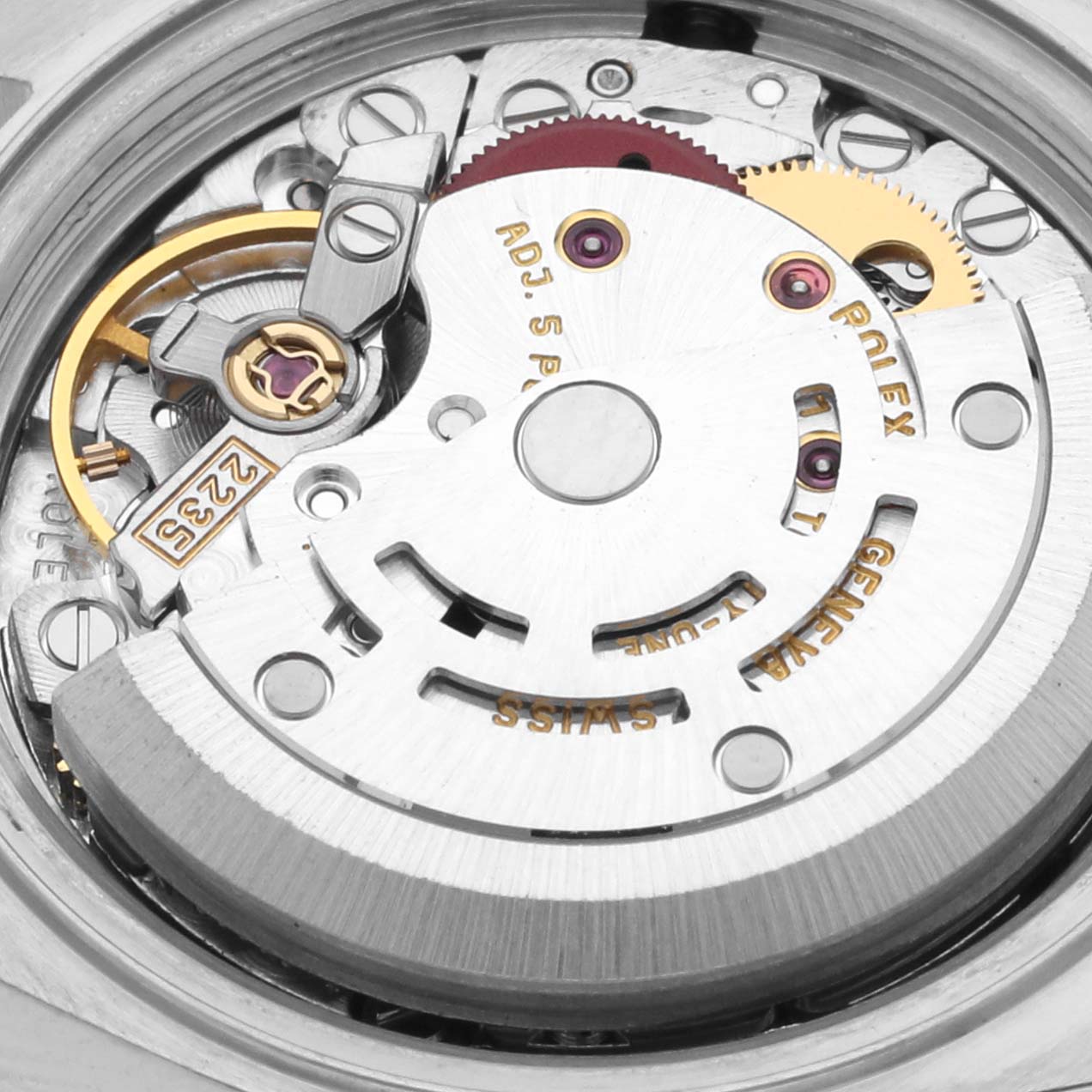 This is a close-up shot of the movement inside a Rolex Datejust 79173 Women's Steel and Gold (two tone) Blue Dial 79173 Women's Steel and Gold (two tone) Blue Dial watch, showing the intricate gears and components.