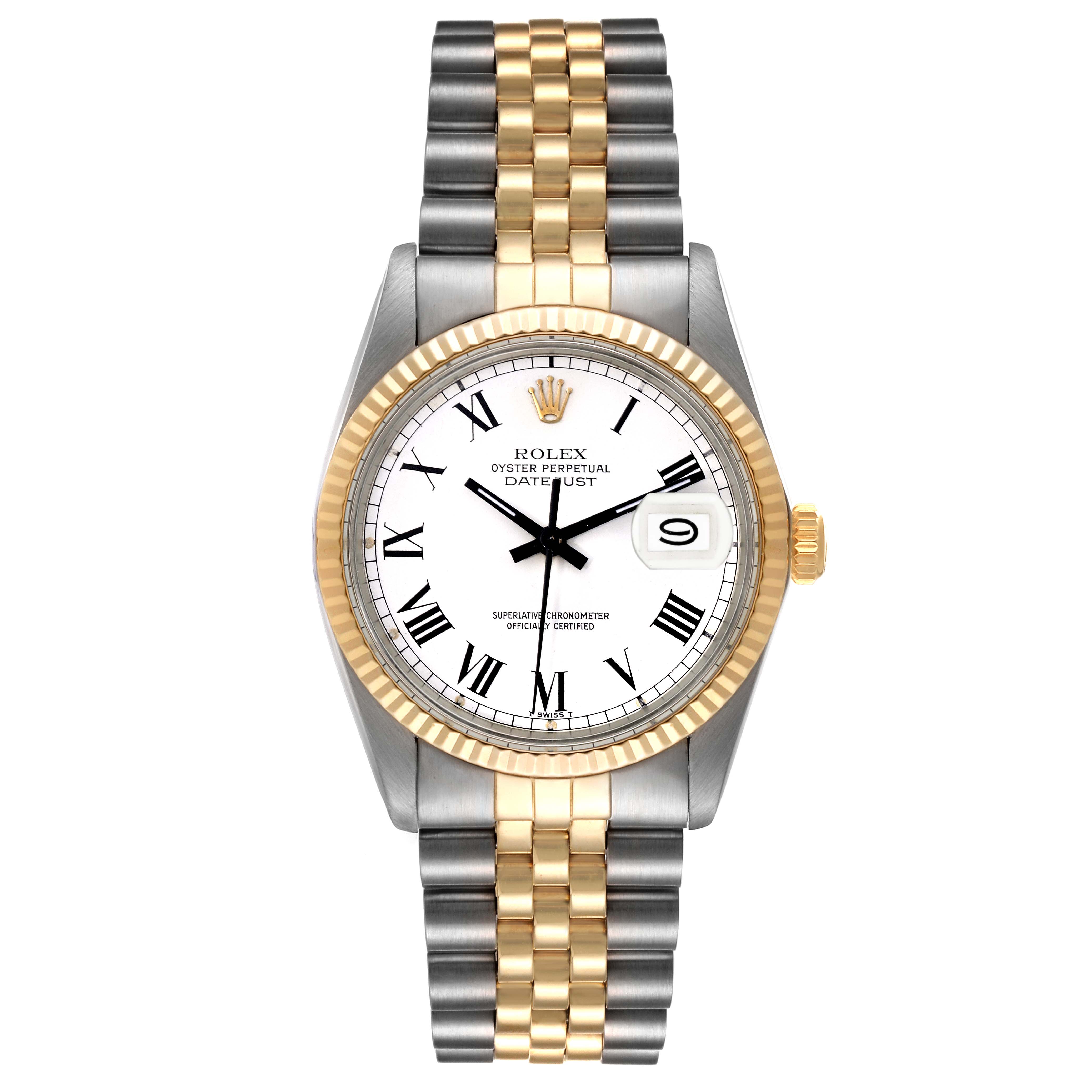 This is a Rolex Vintage Collection 16013 Men's Steel and Gold (two tone) White Dial 16013 Men's Steel and Gold (two tone) White Dial model watch shown from a top-down angle, displaying the dial, bezel, case, and bracelet.