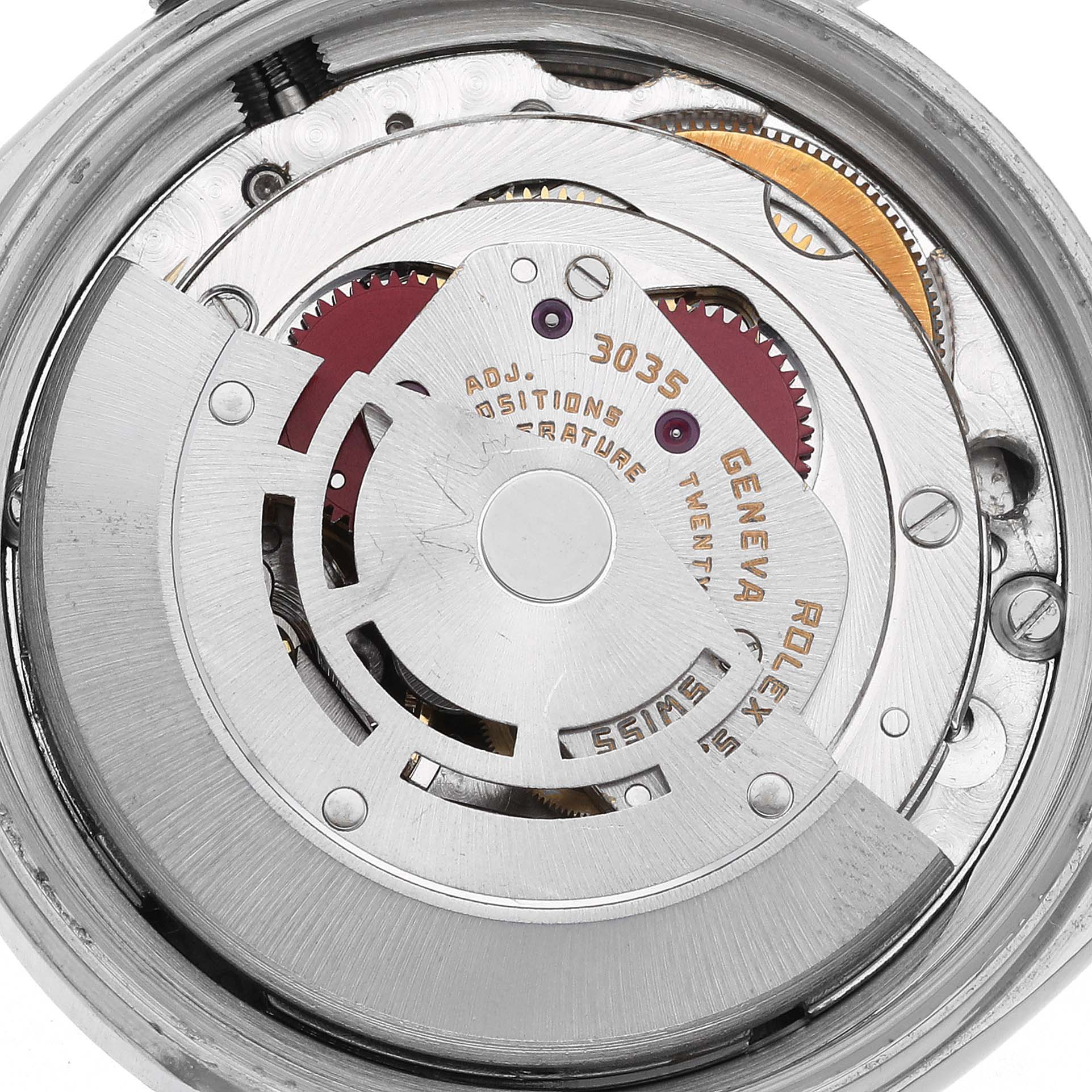 The image shows the internal movement mechanism of a Rolex Vintage Collection 16013 Men's Steel and Gold (two tone) White Dial 16013 Men's Steel and Gold (two tone) White Dial model, highlighting gears and the rotor.