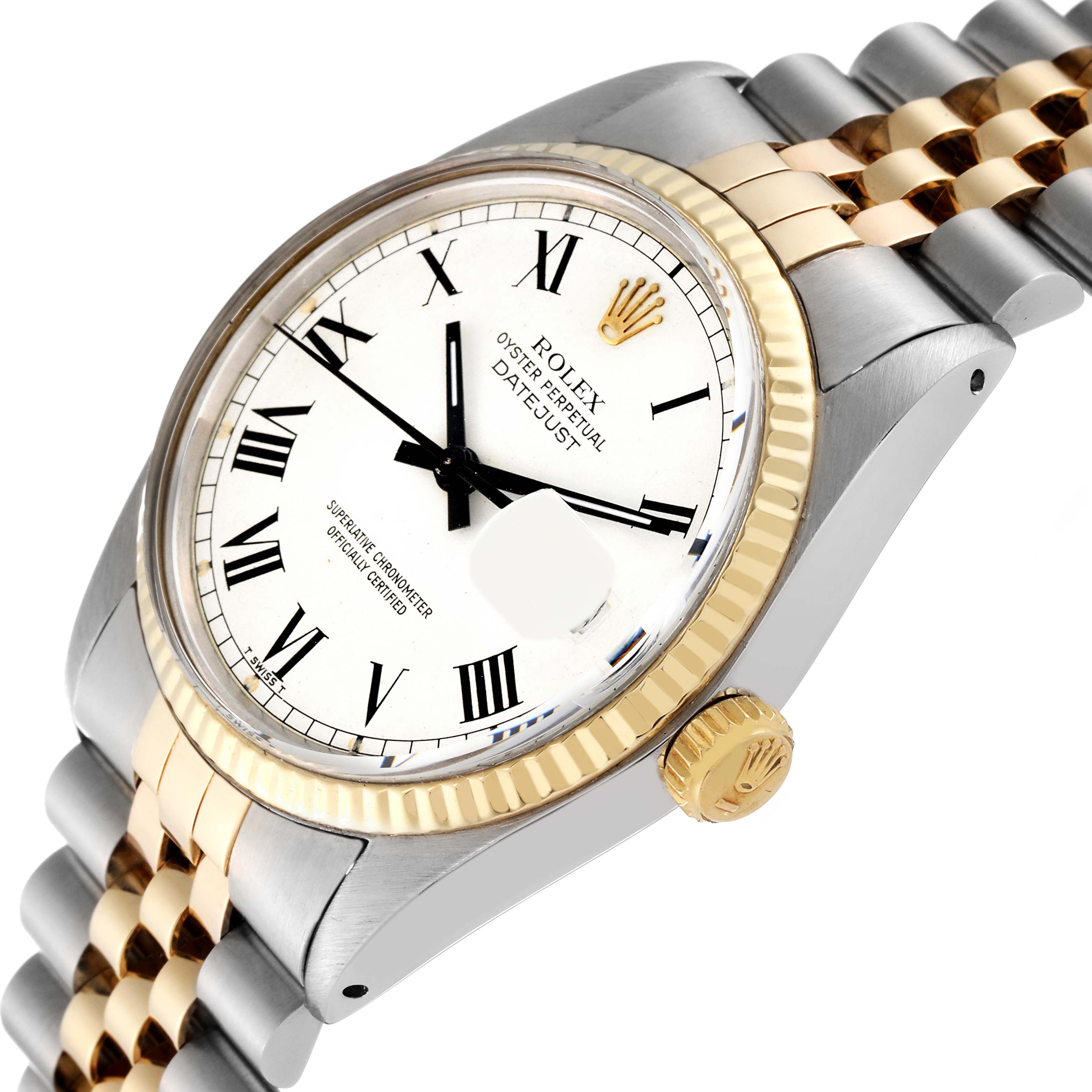The Rolex Vintage Collection 16013 Men's Steel and Gold (two tone) White Dial 16013 Men's Steel and Gold (two tone) White Dial model is shown at a slight angle, highlighting its gold bezel, crown, and two-tone bracelet.