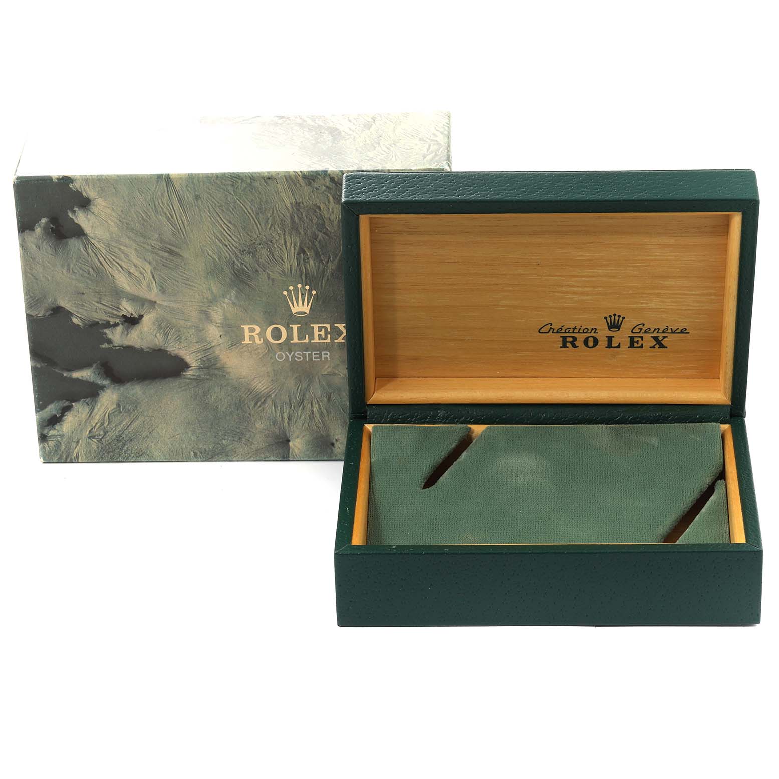 The image shows a Rolex watch box for the Vintage Collection model at an angle displaying both the closed outer box and the open inner box.
