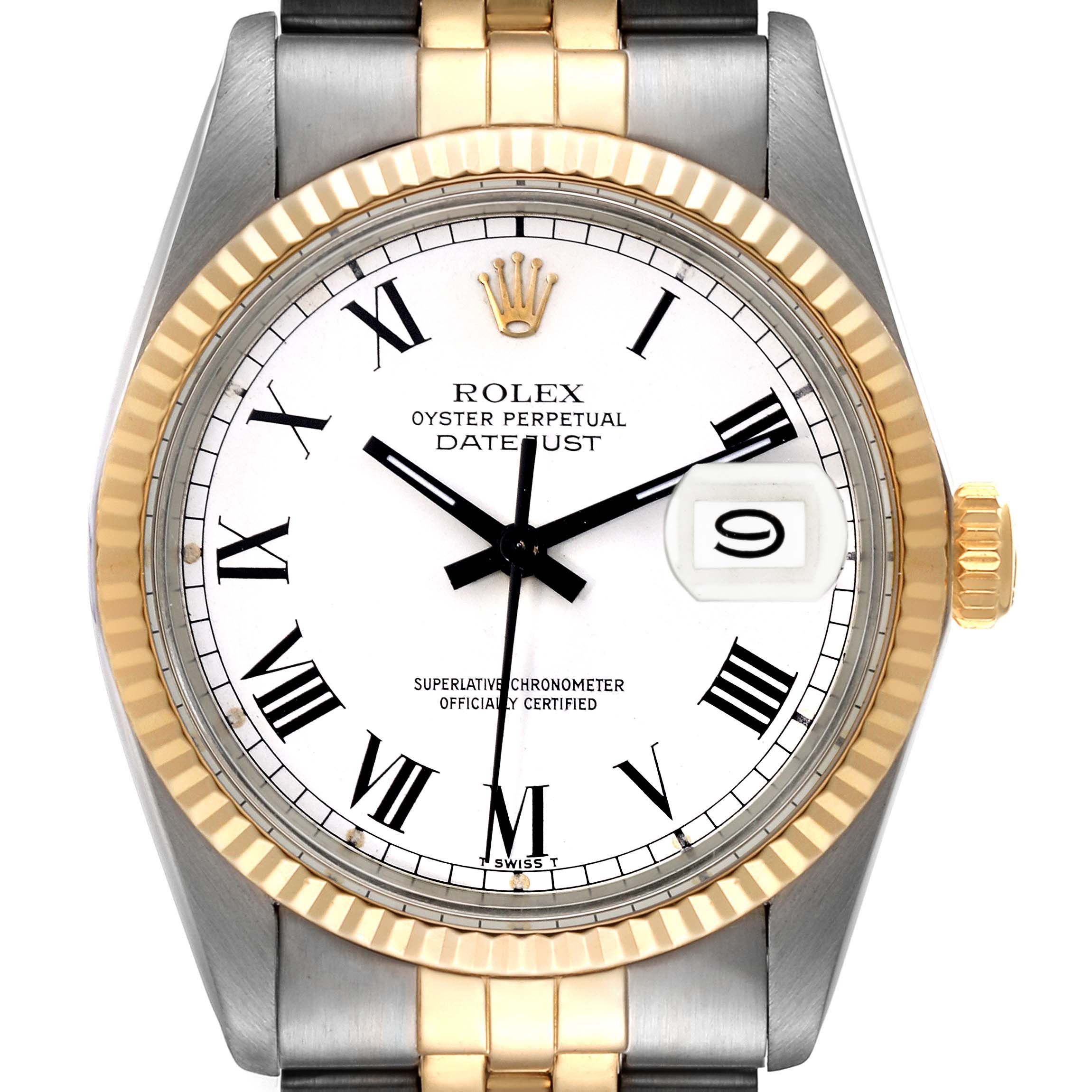 This image showcases the front view of a Rolex Vintage Collection 16013 Men's Steel and Gold (two tone) White Dial 16013 Men's Steel and Gold (two tone) White Dial Datejust watch, highlighting its dial, hands, date window, bezel, and bracelet.