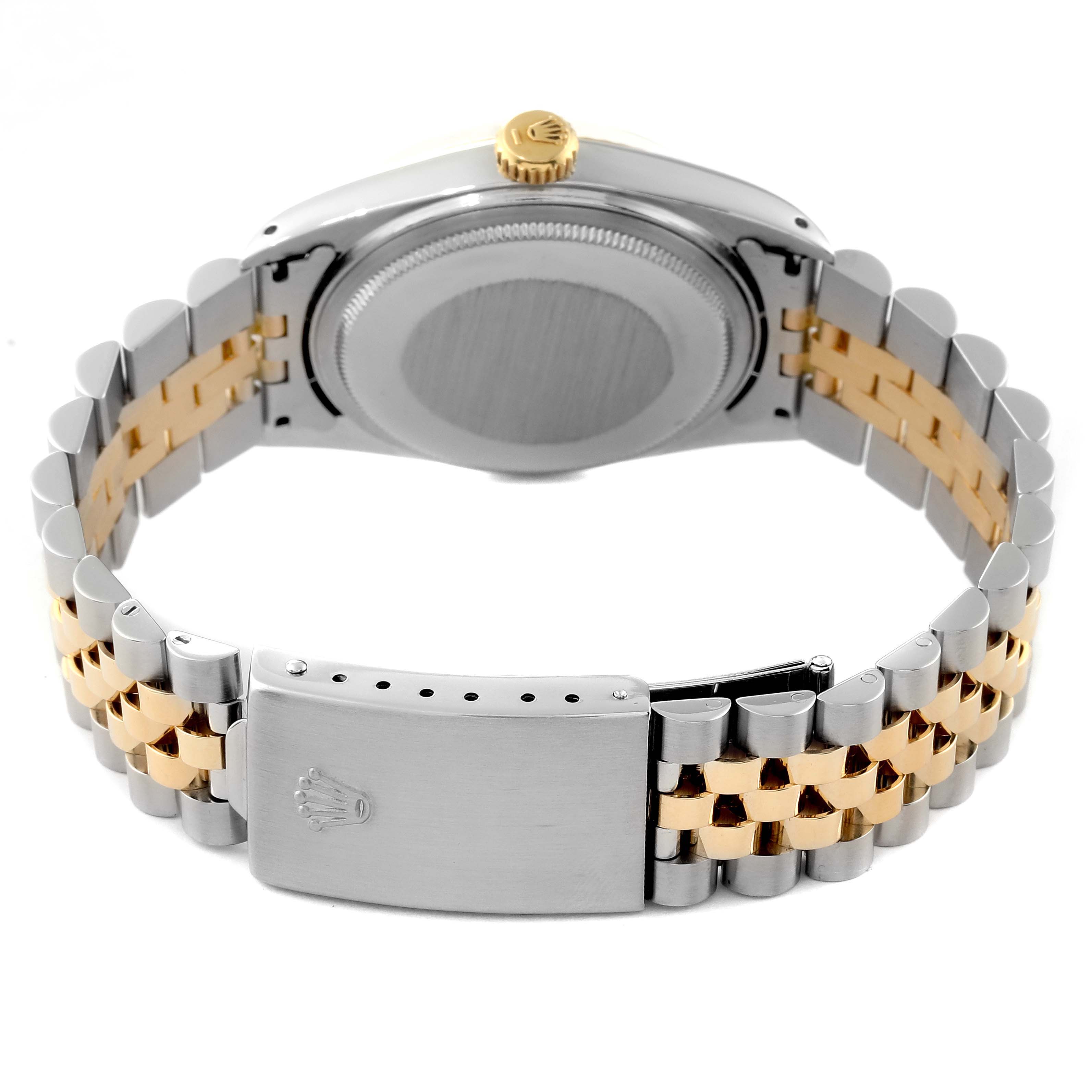 This image shows the back side of a Rolex Vintage Collection 16013 Men's Steel and Gold (two tone) White Dial 16013 Men's Steel and Gold (two tone) White Dial watch, highlighting the case back, crown, and two-tone bracelet.