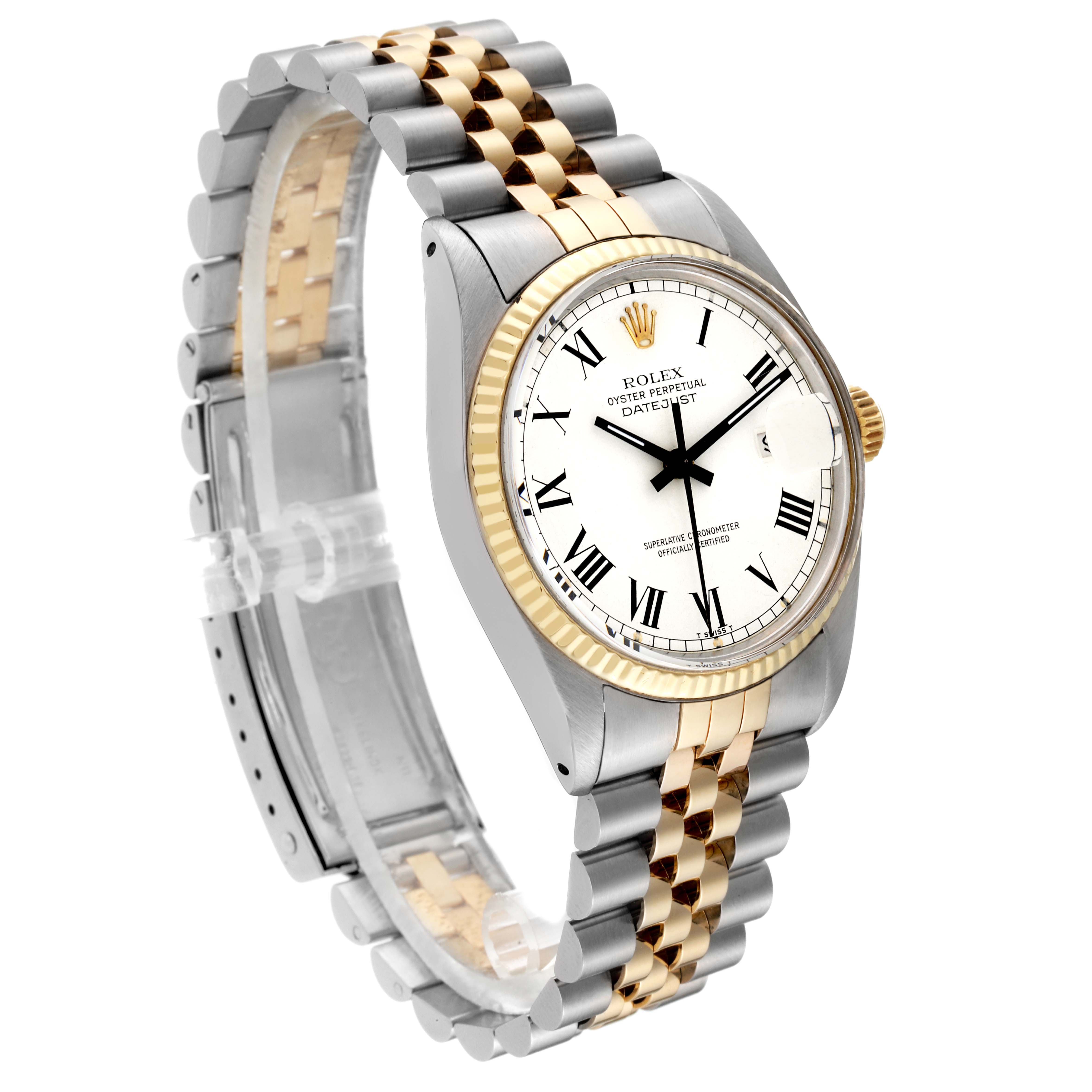 The Rolex Vintage Collection 16013 Men's Steel and Gold (two tone) White Dial 16013 Men's Steel and Gold (two tone) White Dial model is shown at a three-quarter angle, featuring its dial, bezel, crown, and Jubilee bracelet.