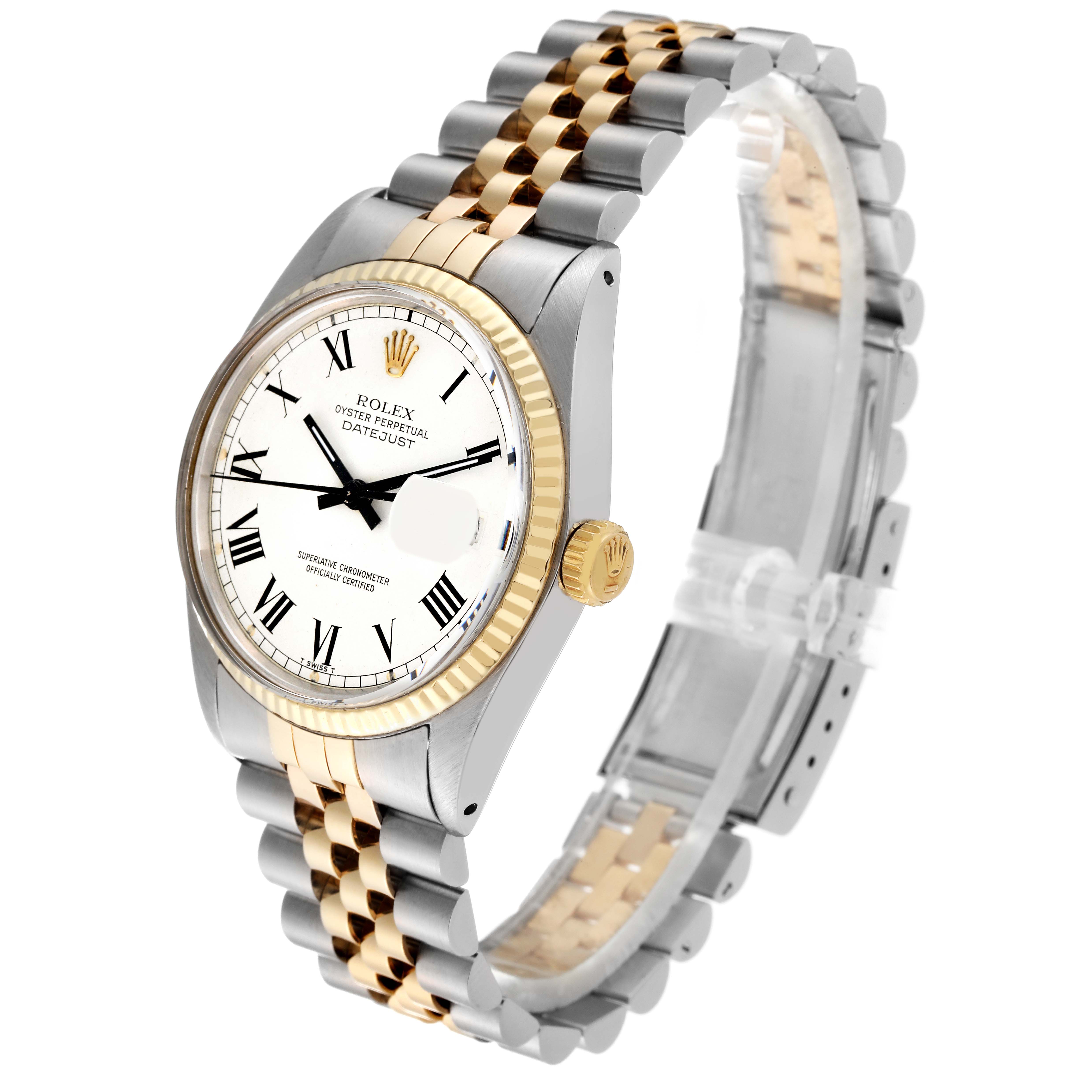 The Rolex Vintage Collection 16013 Men's Steel and Gold (two tone) White Dial 16013 Men's Steel and Gold (two tone) White Dial model watch is shown at an angle displaying its face, bezel, crown, and two-tone bracelet.