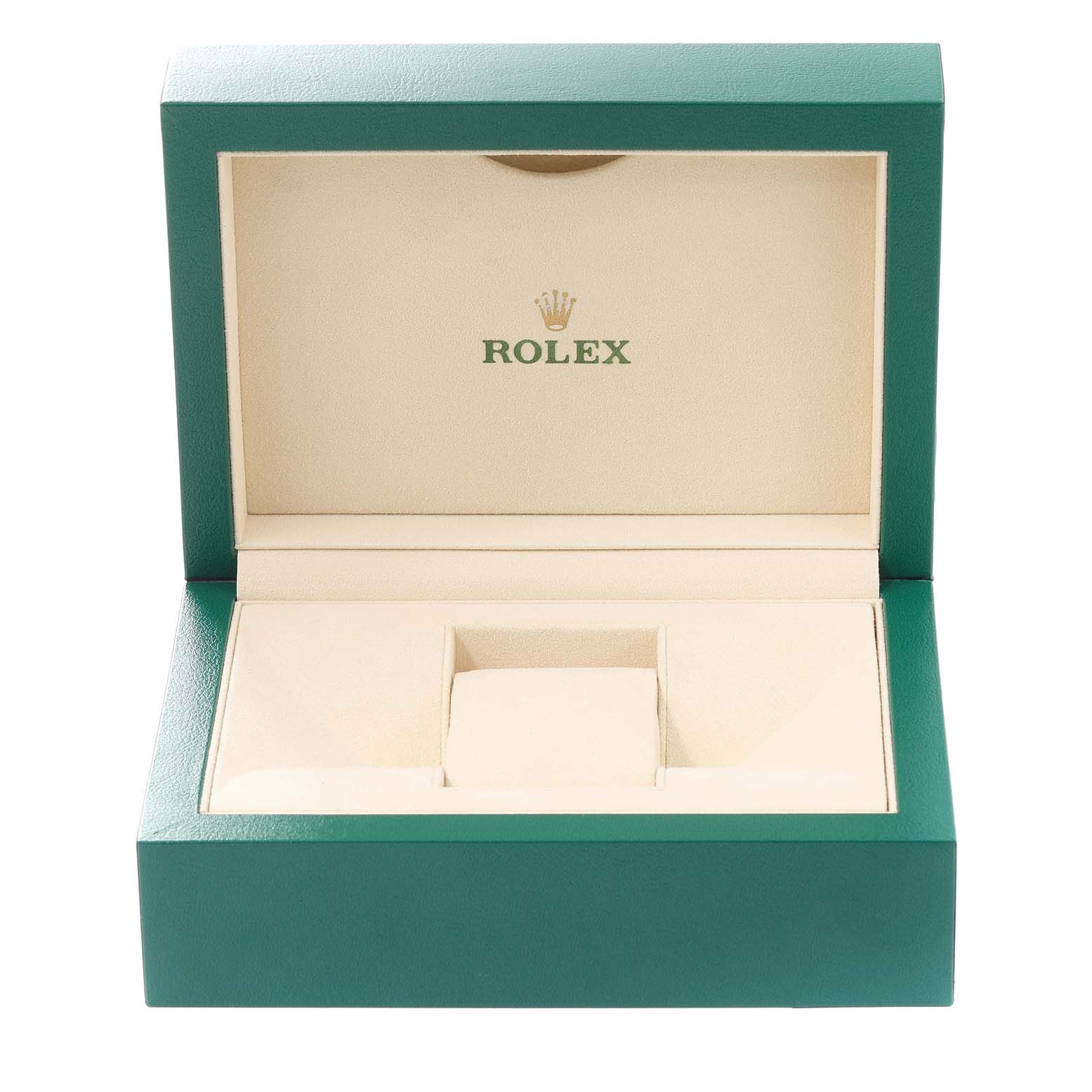 This image shows an open Rolex Datejust 126233 Men's Steel and Gold (two tone) Champagne Dial 126233 Men's Steel and Gold (two tone) Champagne Dial watch box, revealing its beige interior and compartments.