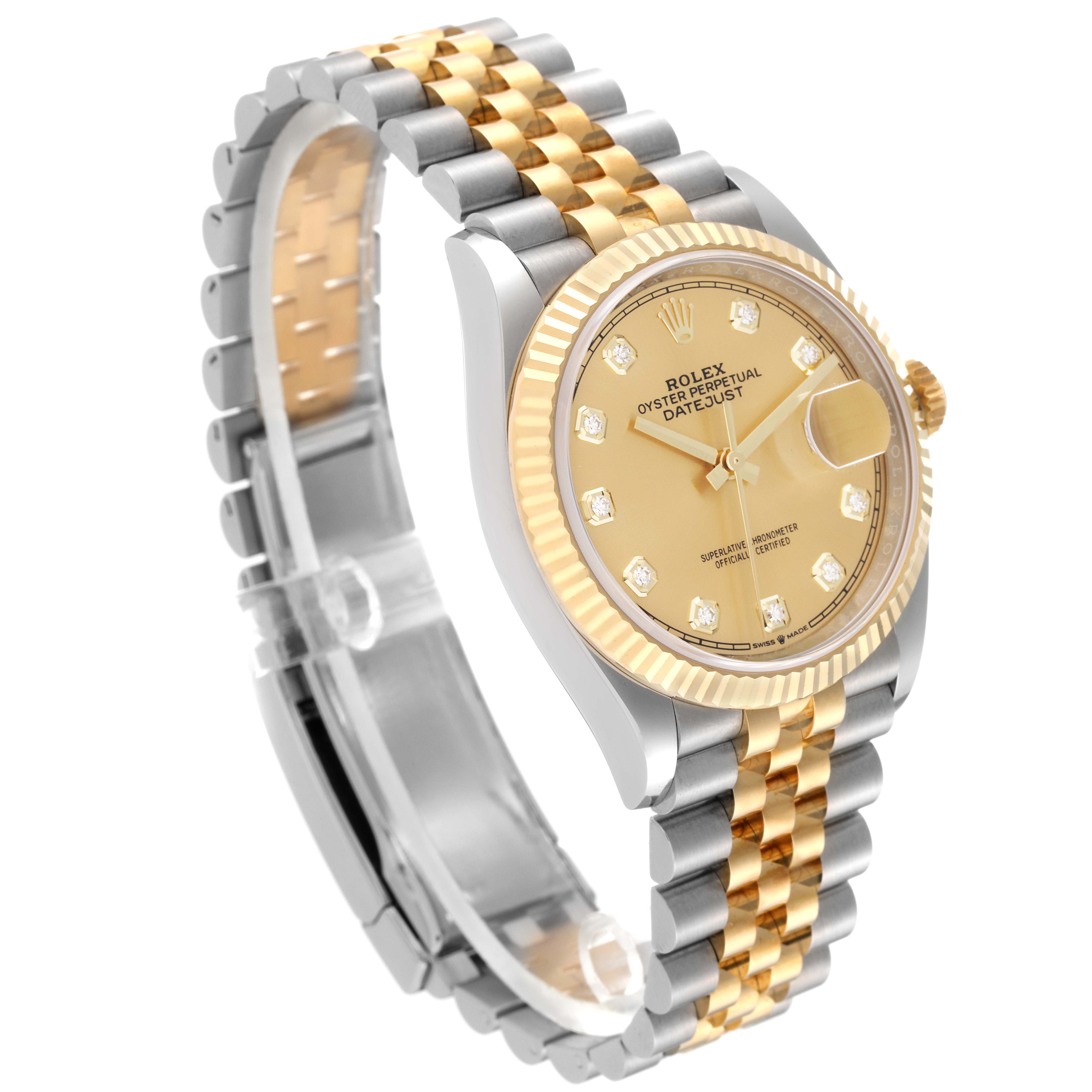 This image shows a Rolex Datejust 126233 Men's Steel and Gold (two tone) Champagne Dial 126233 Men's Steel and Gold (two tone) Champagne Dial watch from a side angle, highlighting its bicolor bracelet, golden dial, and fluted bezel.