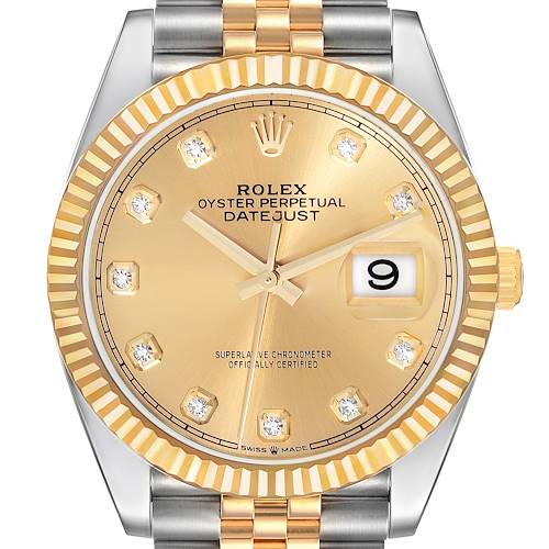 The Rolex Datejust watch is shown from the front, displaying its gold dial, fluted bezel, and jubilee bracelet.