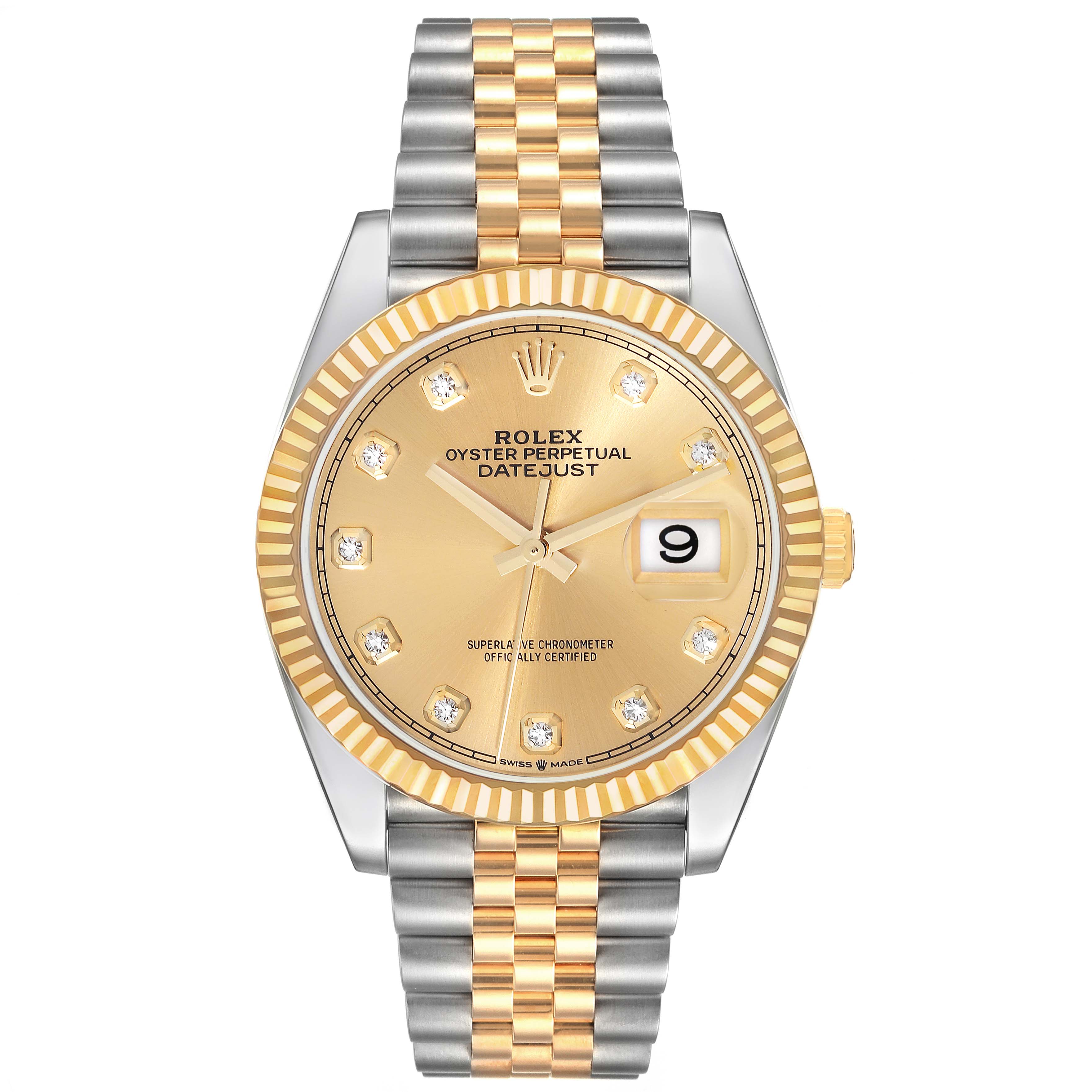 This image shows a frontal view of a Rolex Datejust 126233 Men's Steel and Gold (two tone) Champagne Dial 126233 Men's Steel and Gold (two tone) Champagne Dial watch, highlighting its gold dial, fluted bezel, and two-tone Jubilee bracelet.