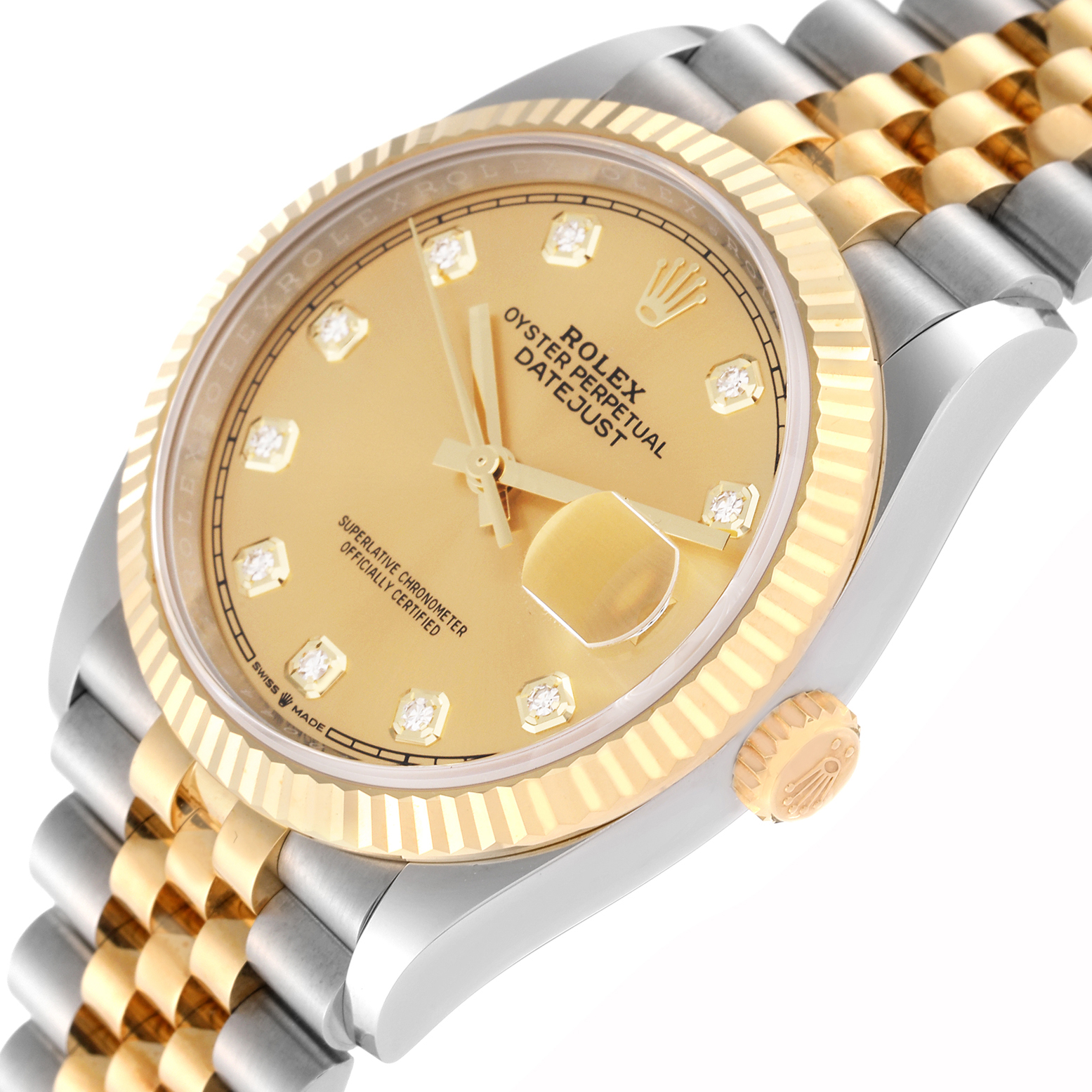 This image shows a Rolex Datejust 126233 Men's Steel and Gold (two tone) Champagne Dial 126233 Men's Steel and Gold (two tone) Champagne Dial watch at an angled close-up, highlighting the dial, bezel, and part of the bracelet.