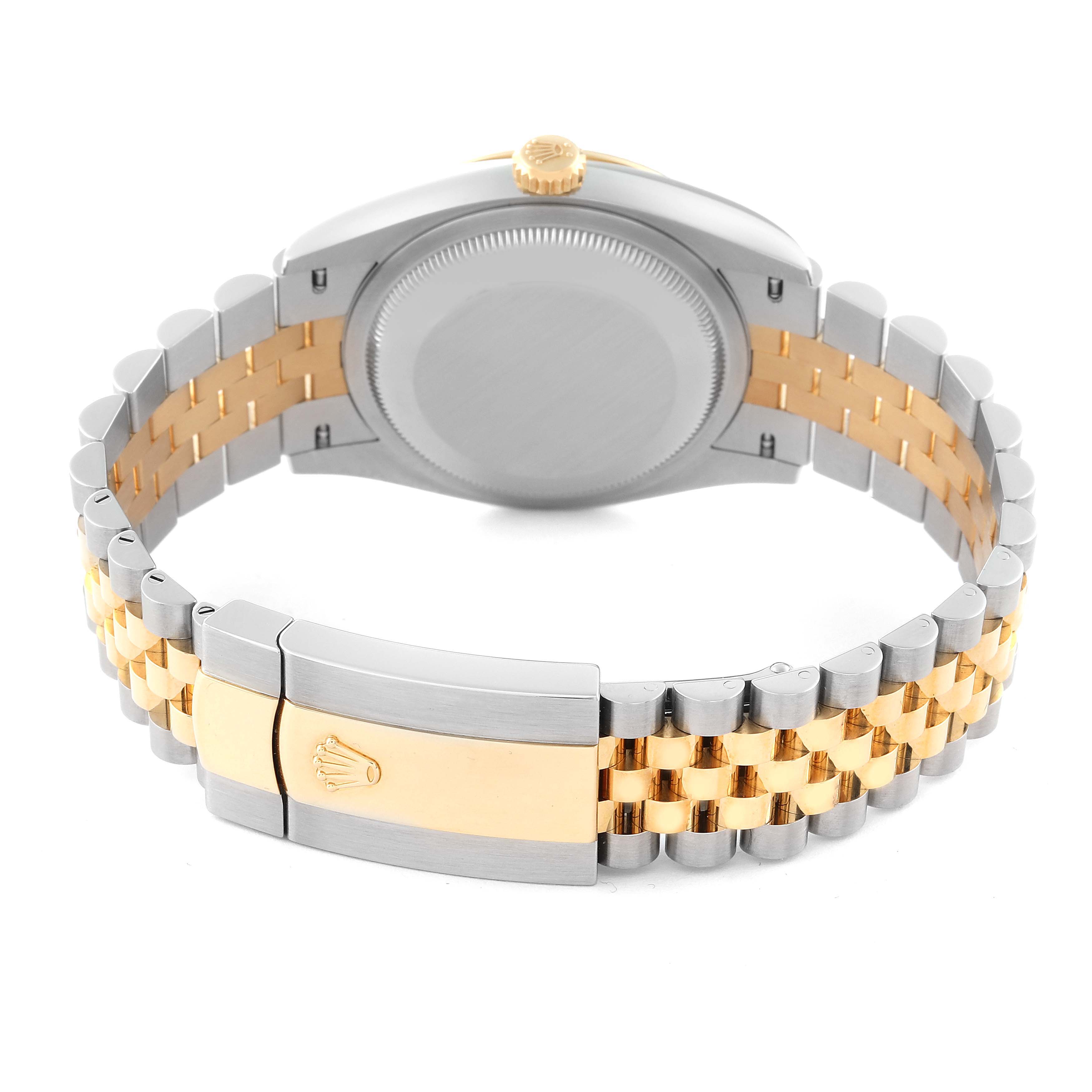 The image shows the back view of a Rolex Datejust 126233 Men's Steel and Gold (two tone) Champagne Dial 126233 Men's Steel and Gold (two tone) Champagne Dial, highlighting its caseback and two-tone bracelet with a deployment clasp.