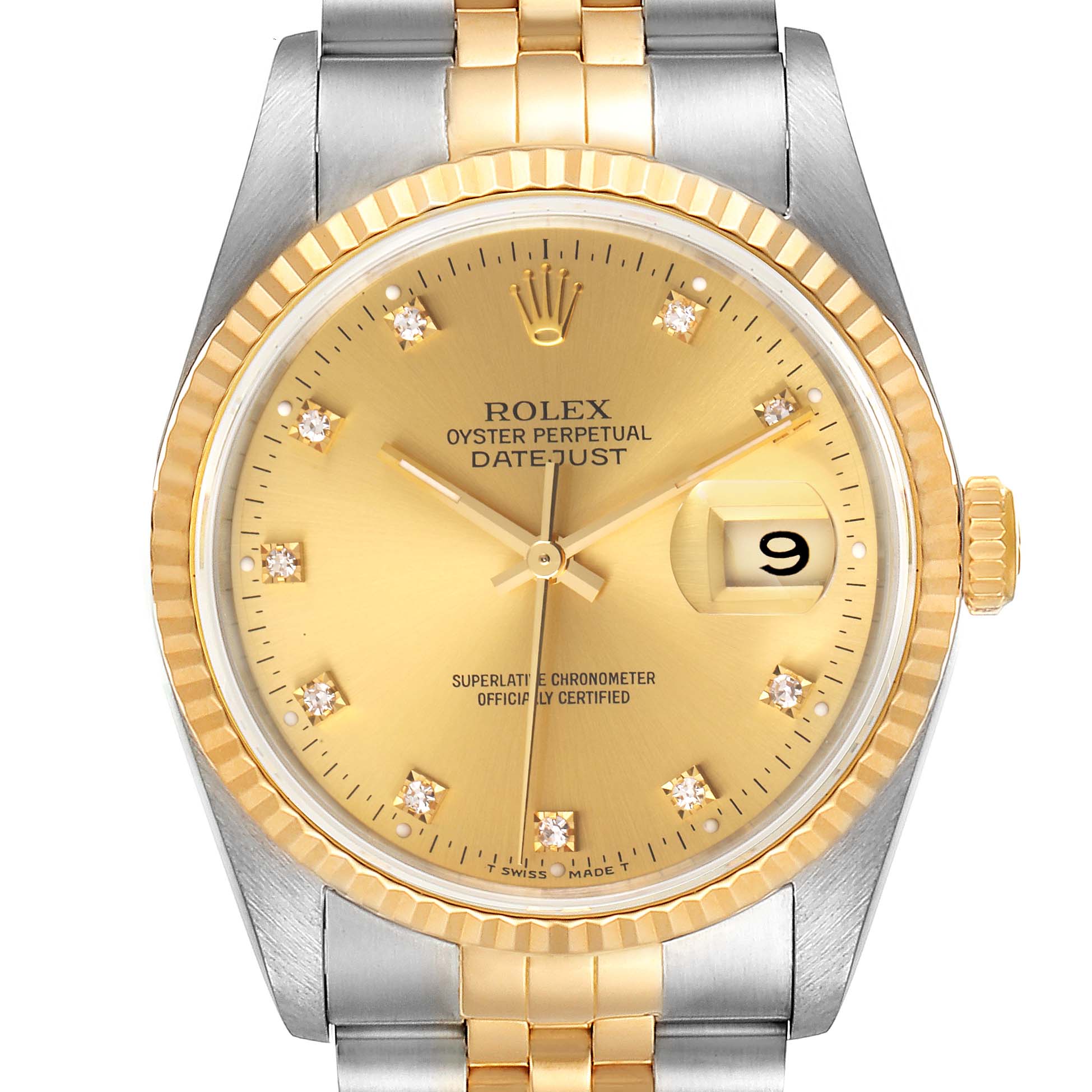 This image displays a Rolex Datejust 16233 Men's Steel and Gold (two tone) Champagne Dial 16233 Men's Steel and Gold (two tone) Champagne Dial watch from a front angle, showcasing its dial, bezel, and partially visible bracelet.