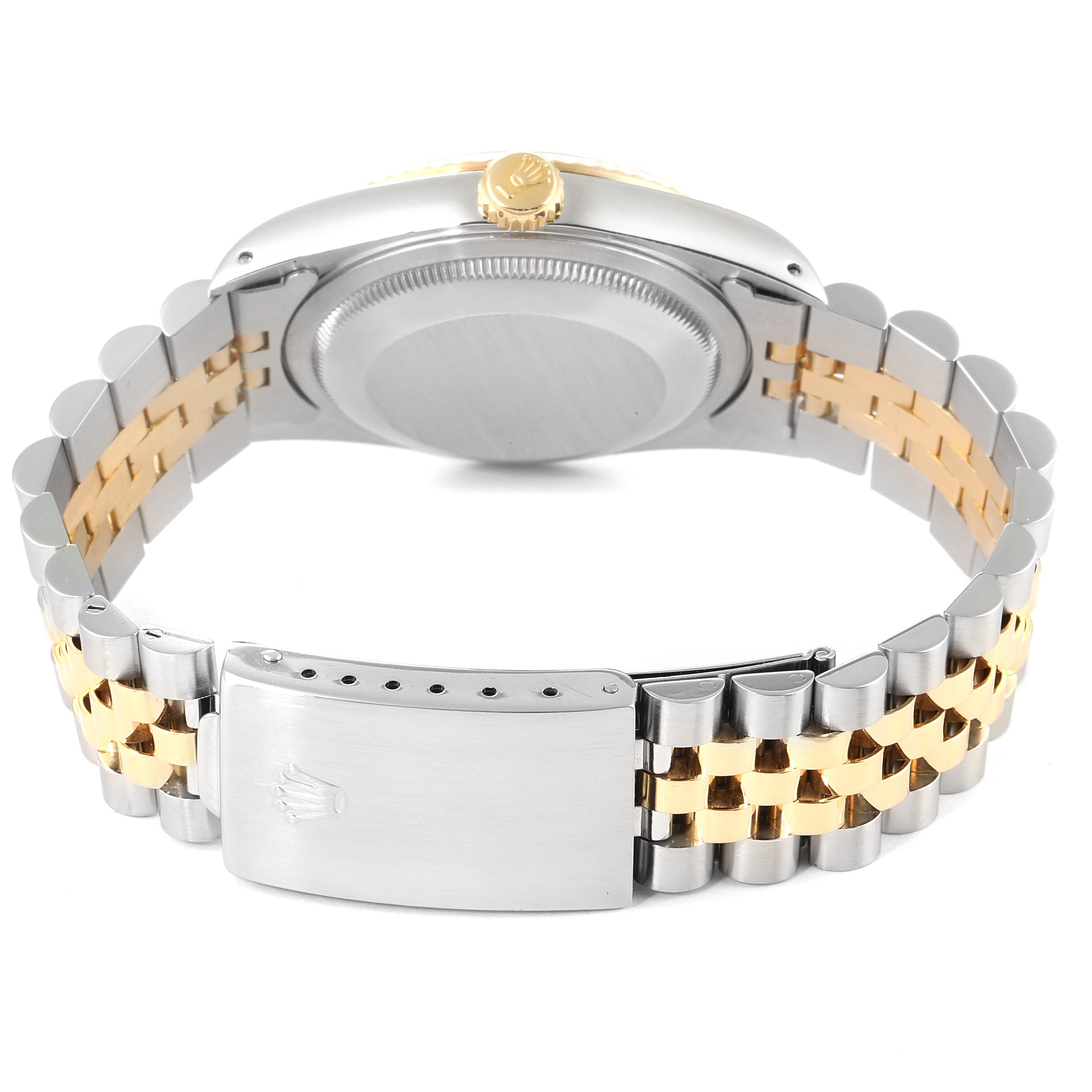 This image shows the back and bracelet of the Rolex Datejust 16233 Men's Steel and Gold (two tone) Champagne Dial 16233 Men's Steel and Gold (two tone) Champagne Dial watch, highlighting the clasp and case back.