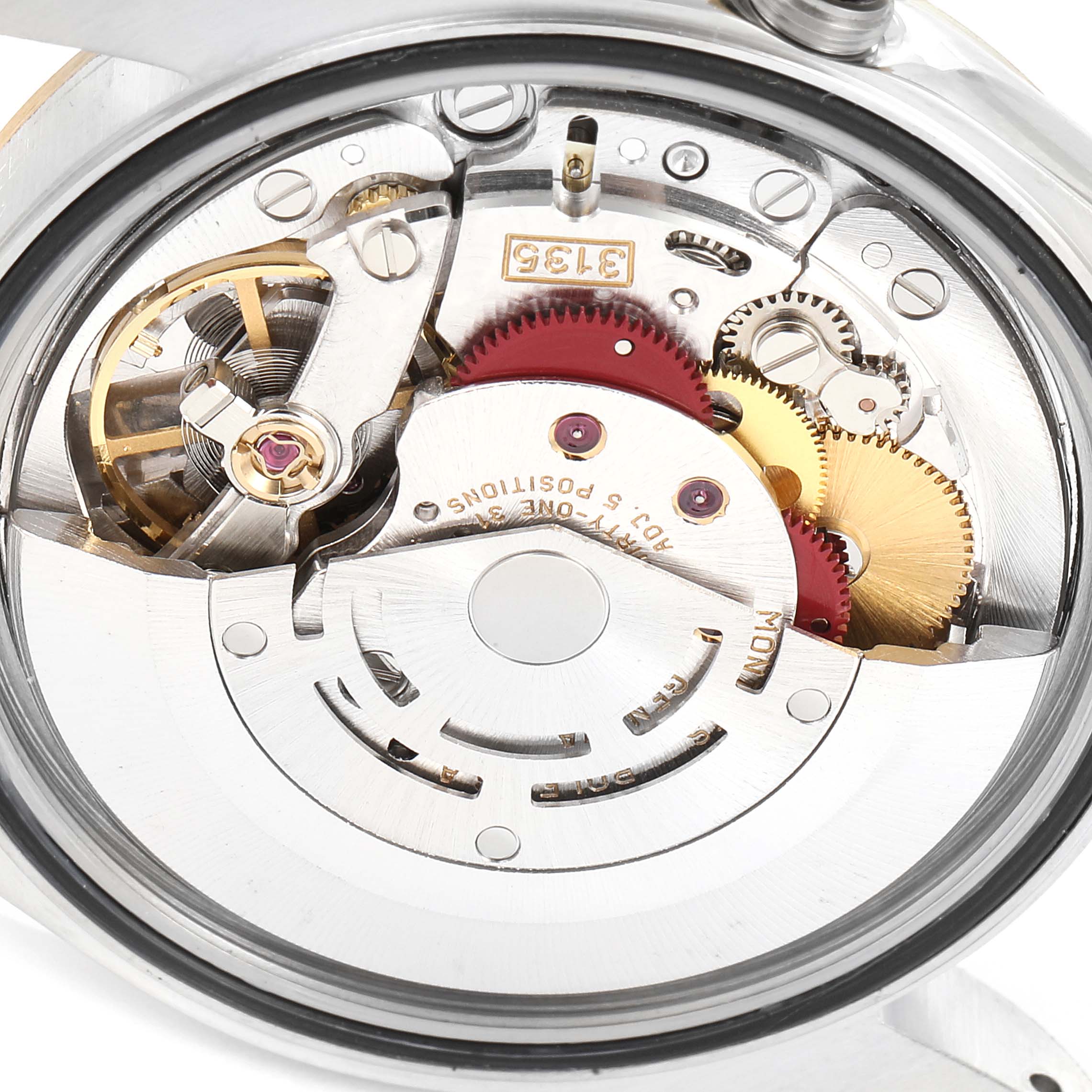 This image shows the internal movement mechanism of the Rolex Datejust 16233 Men's Steel and Gold (two tone) Champagne Dial 16233 Men's Steel and Gold (two tone) Champagne Dial watch from a back angle.