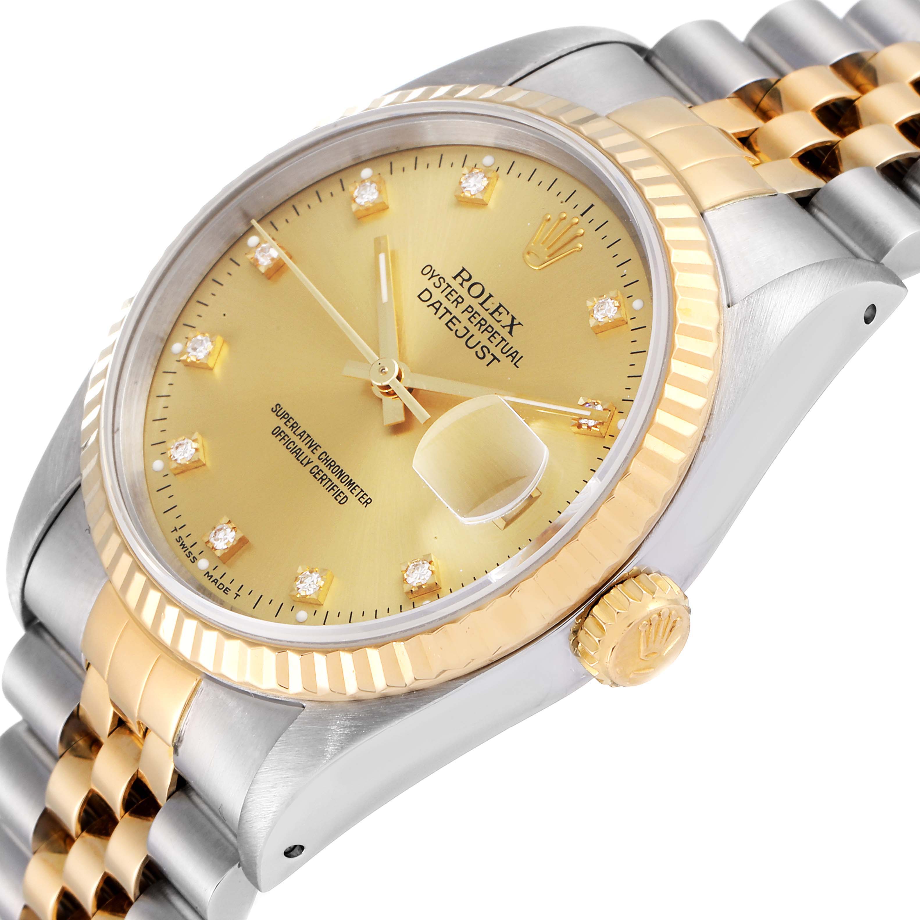 This image shows a close-up angle of a Rolex Datejust 16233 Men's Steel and Gold (two tone) Champagne Dial 16233 Men's Steel and Gold (two tone) Champagne Dial, featuring its dial, bezel, and part of its bracelet.