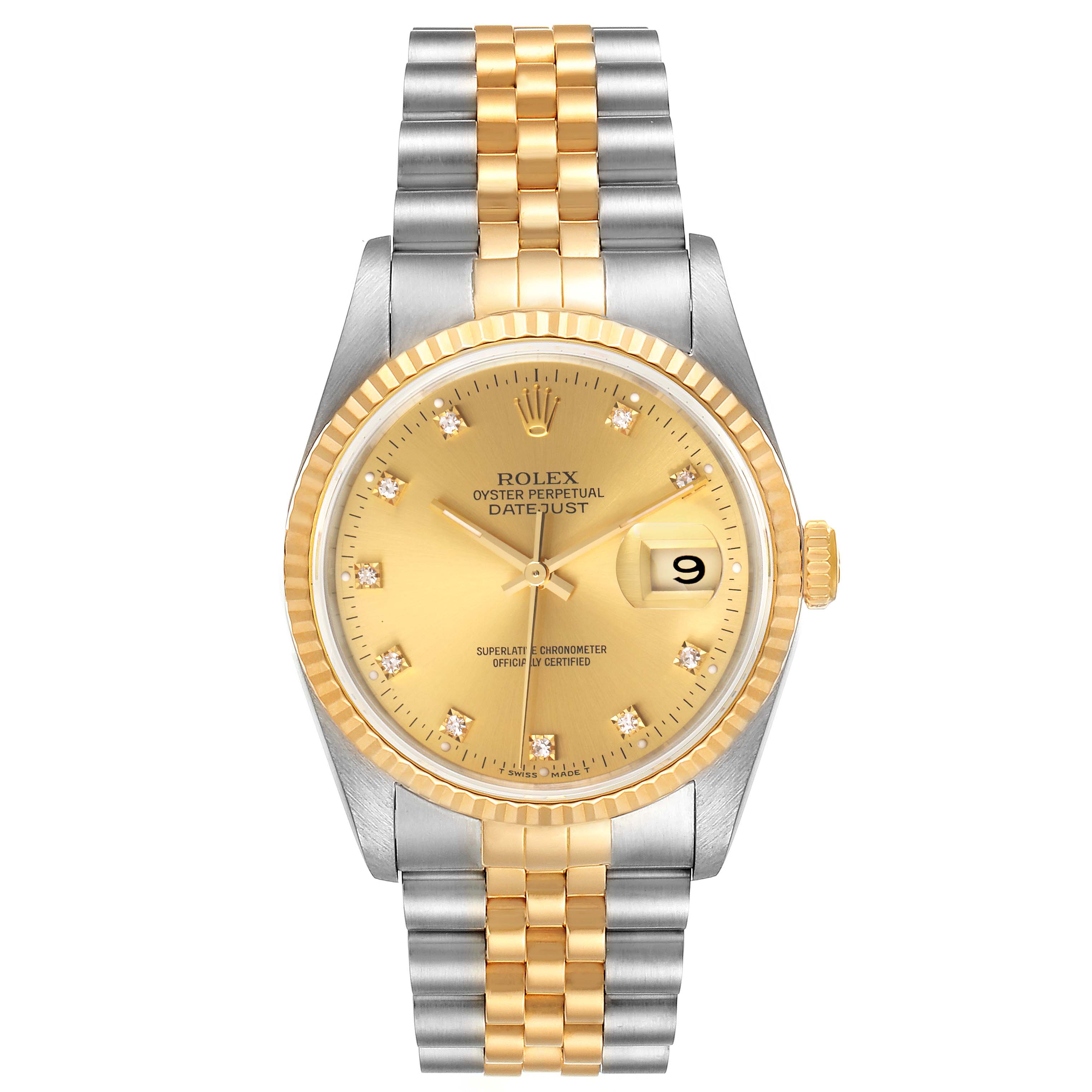 The image shows a frontal view of the Rolex Datejust 16233 Men's Steel and Gold (two tone) Champagne Dial 16233 Men's Steel and Gold (two tone) Champagne Dial watch, highlighting its gold face, bezel, and two-tone bracelet.