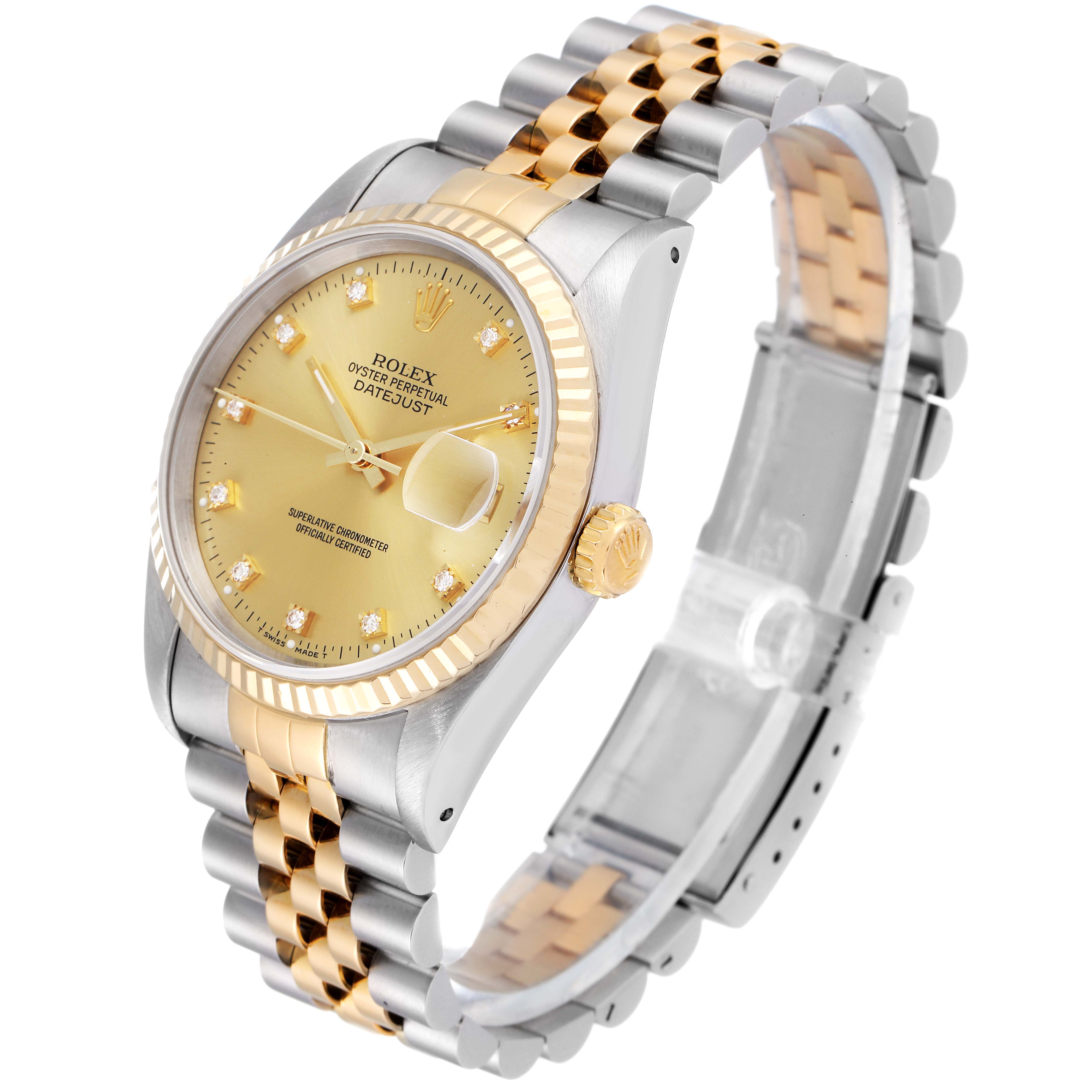 This Rolex Datejust 16233 Men's Steel and Gold (two tone) Champagne Dial 16233 Men's Steel and Gold (two tone) Champagne Dial watch is shown at an angled view, displaying its two-tone bracelet, gold dial, bezel, and crown.