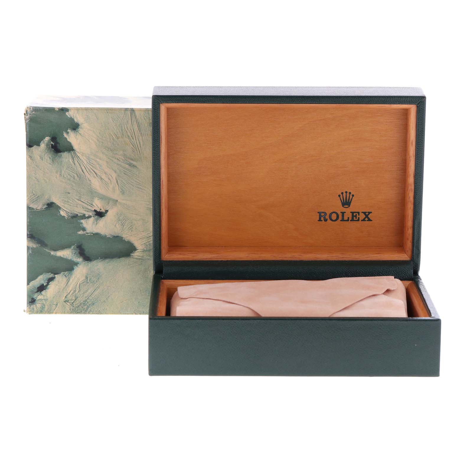 This image shows an open Rolex Datejust 16233 Men's Steel and Gold (two tone) Champagne Dial 16233 Men's Steel and Gold (two tone) Champagne Dial watch box with a green exterior and wooden interior.