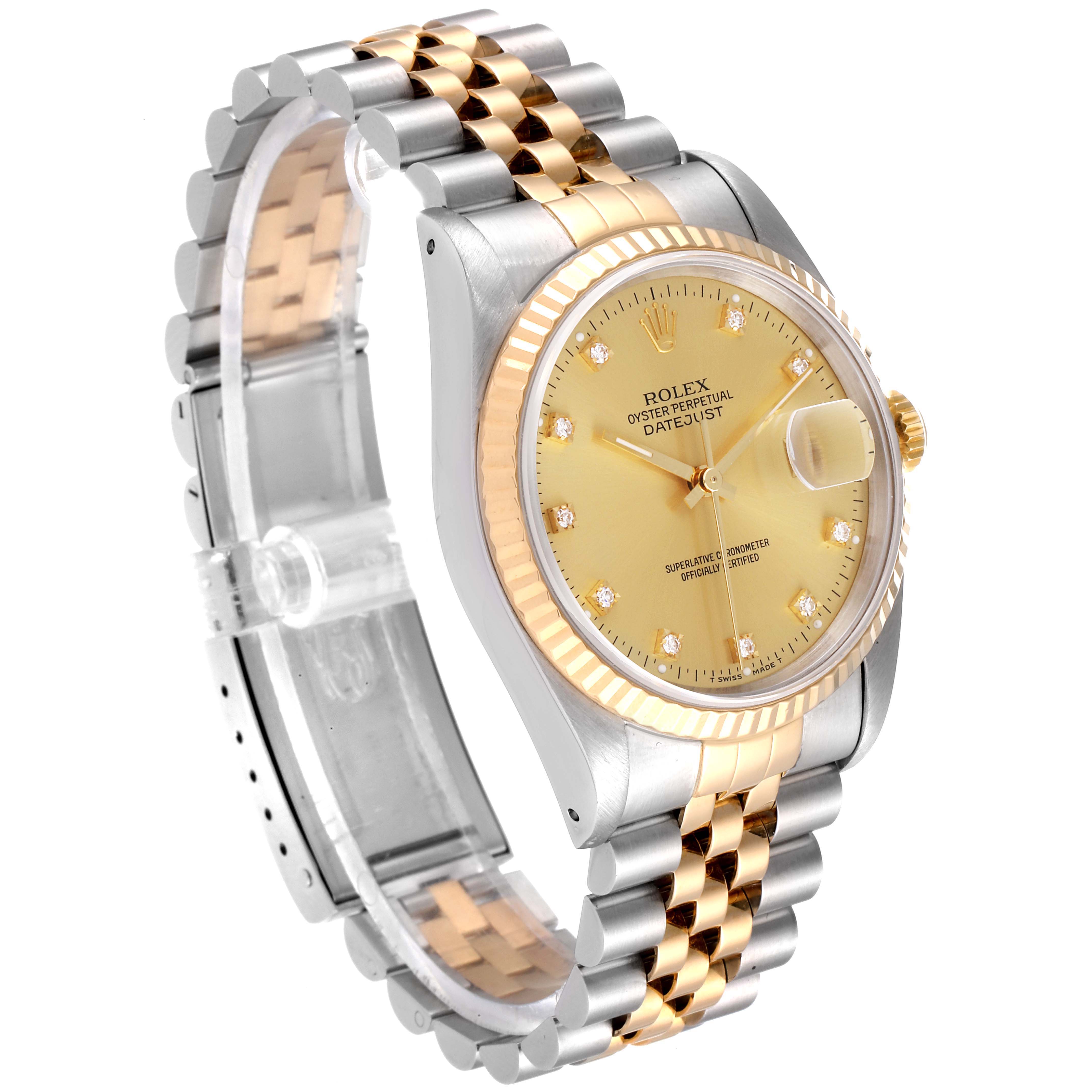 The Rolex Datejust 16233 Men's Steel and Gold (two tone) Champagne Dial 16233 Men's Steel and Gold (two tone) Champagne Dial watch is shown at a three-quarter angle, highlighting its gold dial, fluted bezel, and two-tone bracelet.