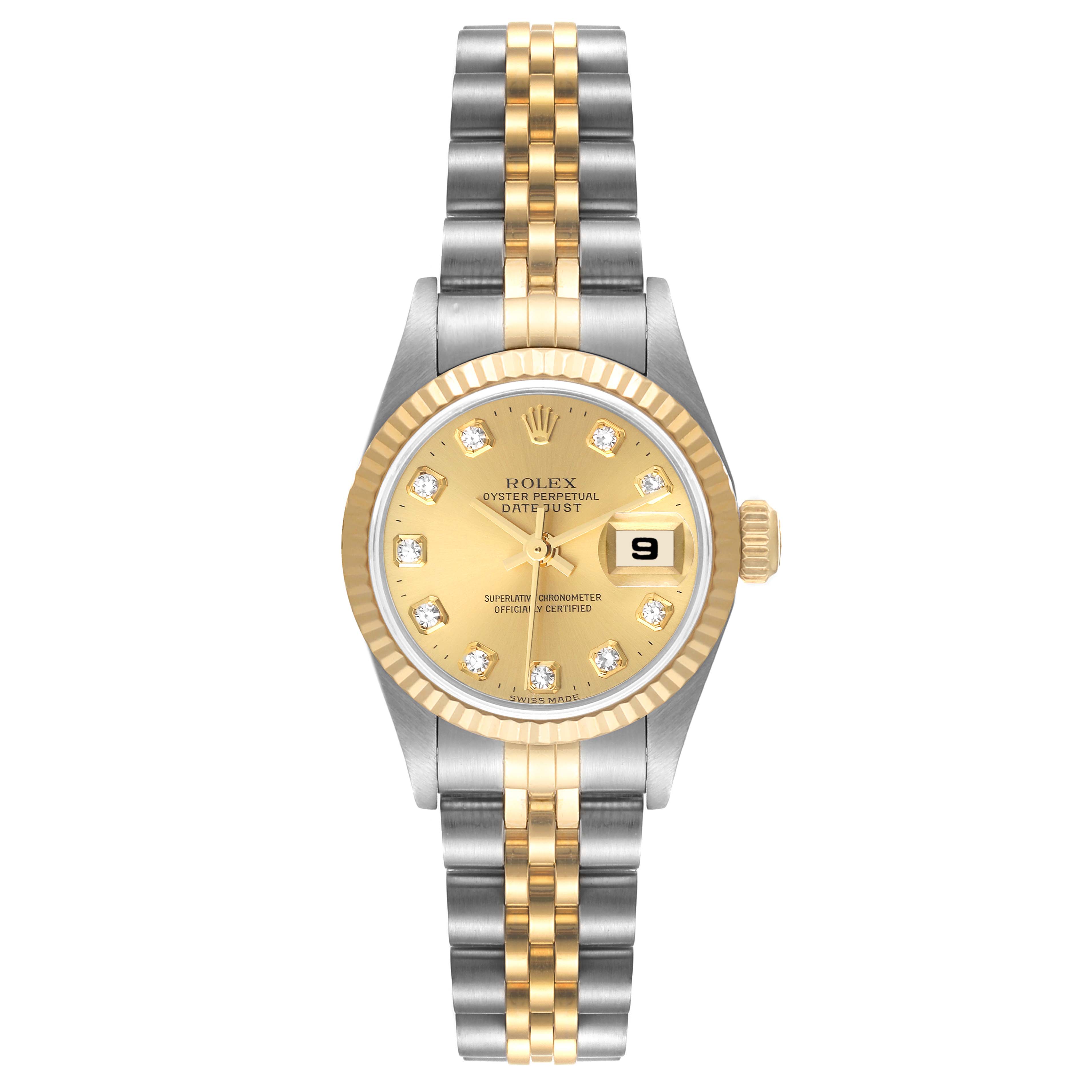 The image shows a Rolex Datejust 79173 Women's Steel and Gold (two tone) Champagne Dial 79173 Women's Steel and Gold (two tone) Champagne Dial watch viewed from the front, featuring a gold dial, diamond markers, and a two-tone metal bracelet.