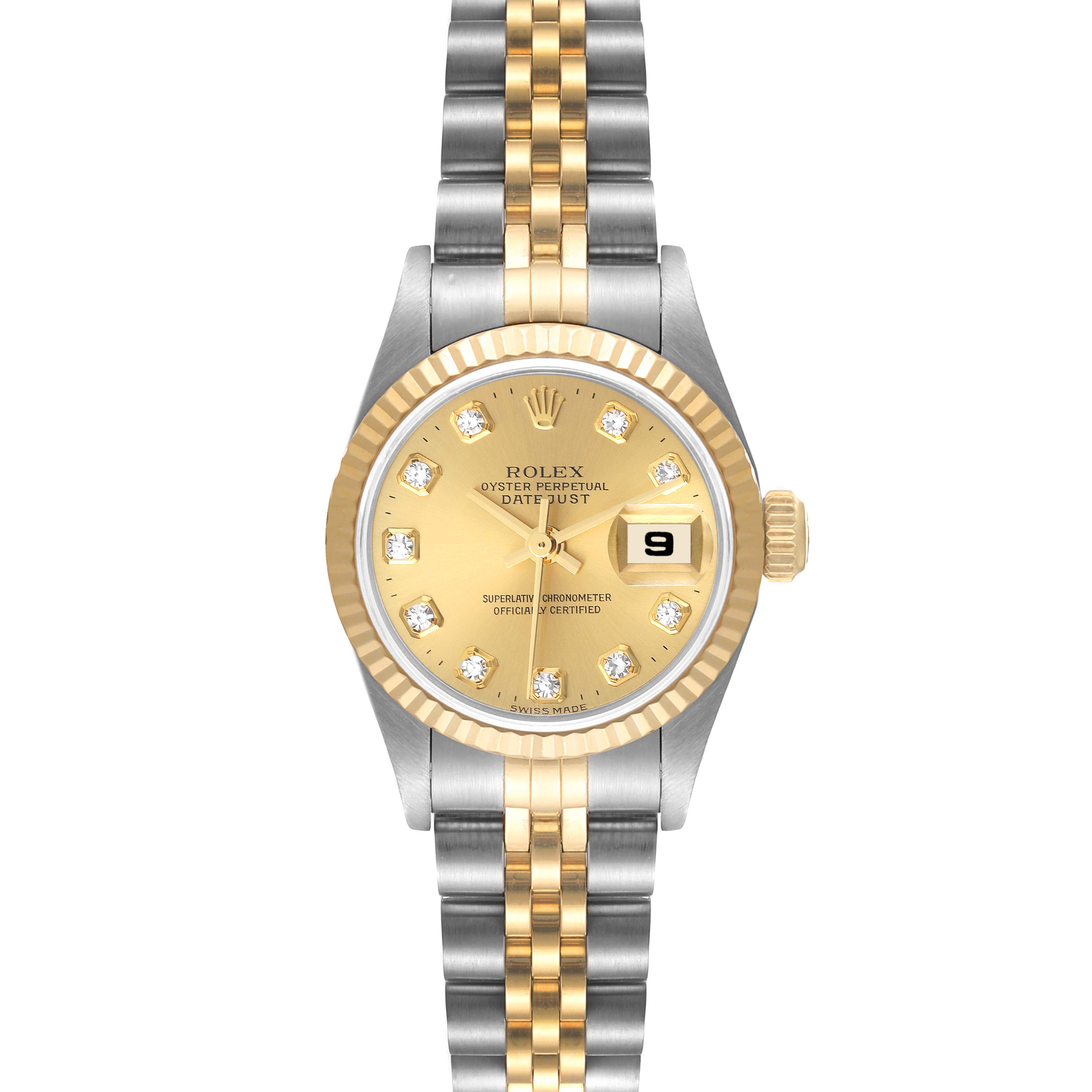 The image displays a front-facing view of a Rolex Datejust 79173 Women's Steel and Gold (two tone) Champagne Dial 79173 Women's Steel and Gold (two tone) Champagne Dial watch, highlighting its dial, bezel, bracelet, and date window.
