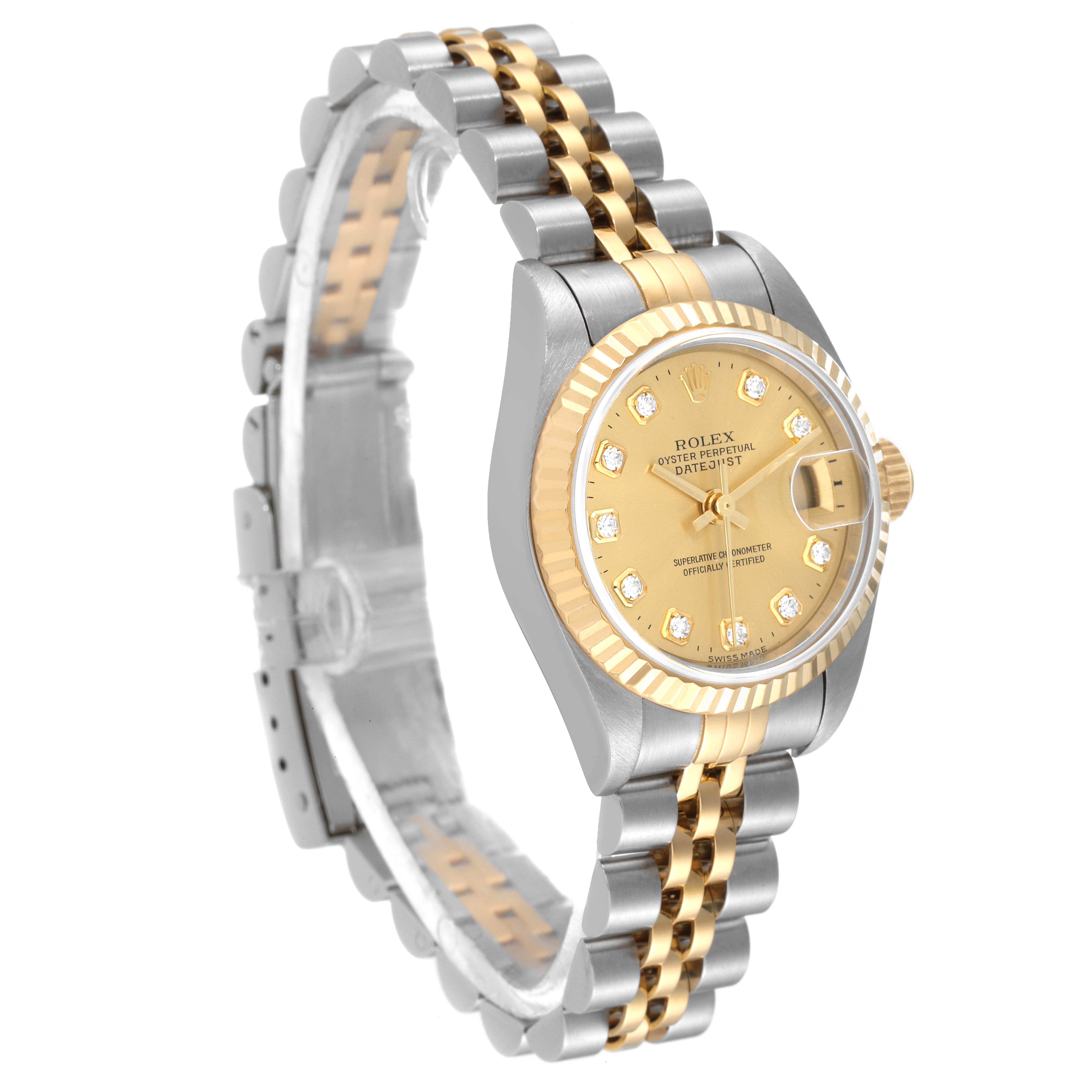 The Rolex Datejust 79173 Women's Steel and Gold (two tone) Champagne Dial 79173 Women's Steel and Gold (two tone) Champagne Dial is shown at an angle displaying its face, fluted bezel, and Jubilee bracelet in two-tone metal.