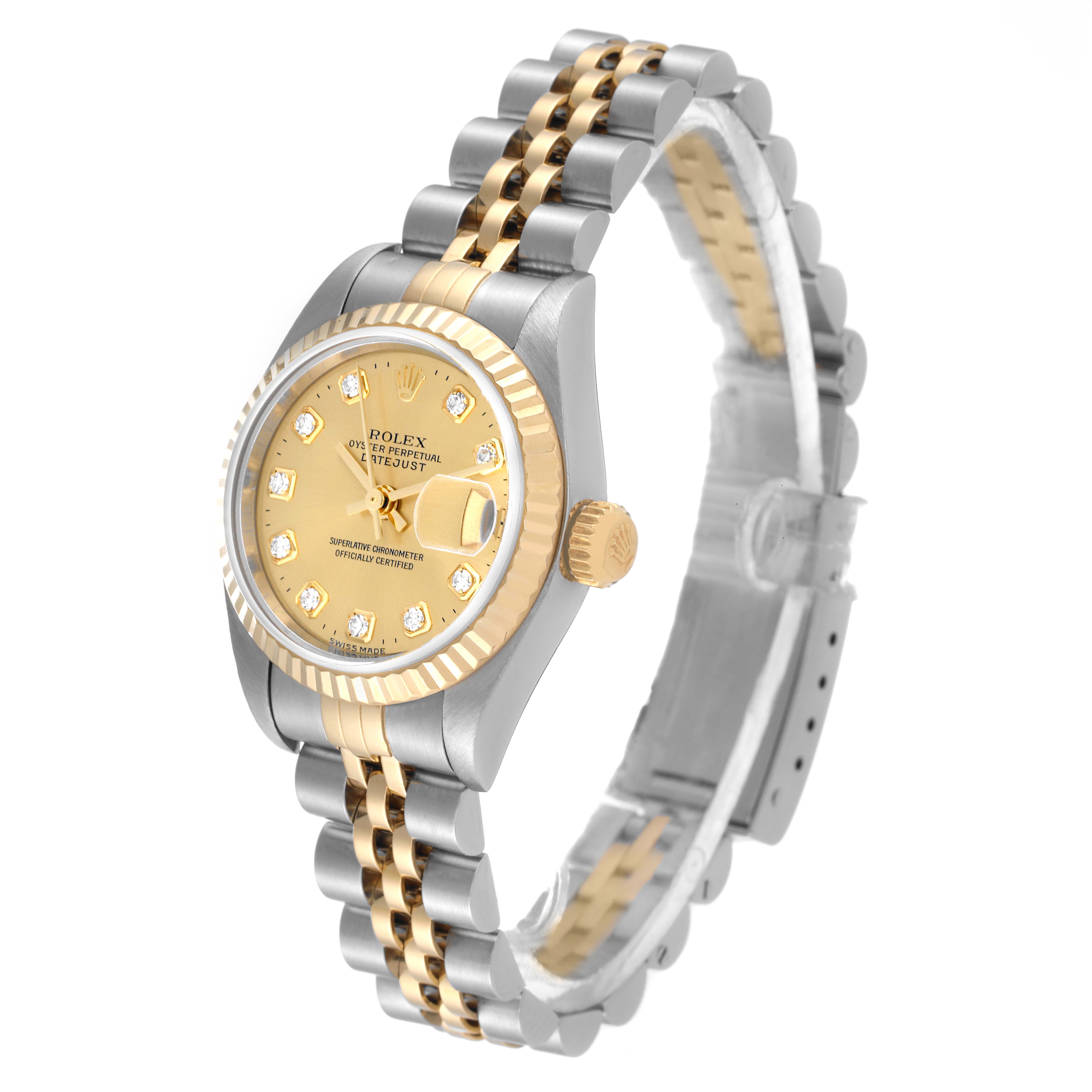 The Rolex Datejust 79173 Women's Steel and Gold (two tone) Champagne Dial 79173 Women's Steel and Gold (two tone) Champagne Dial watch is shown at a three-quarter angle, displaying the dial, bezel, crown, and bracelet.