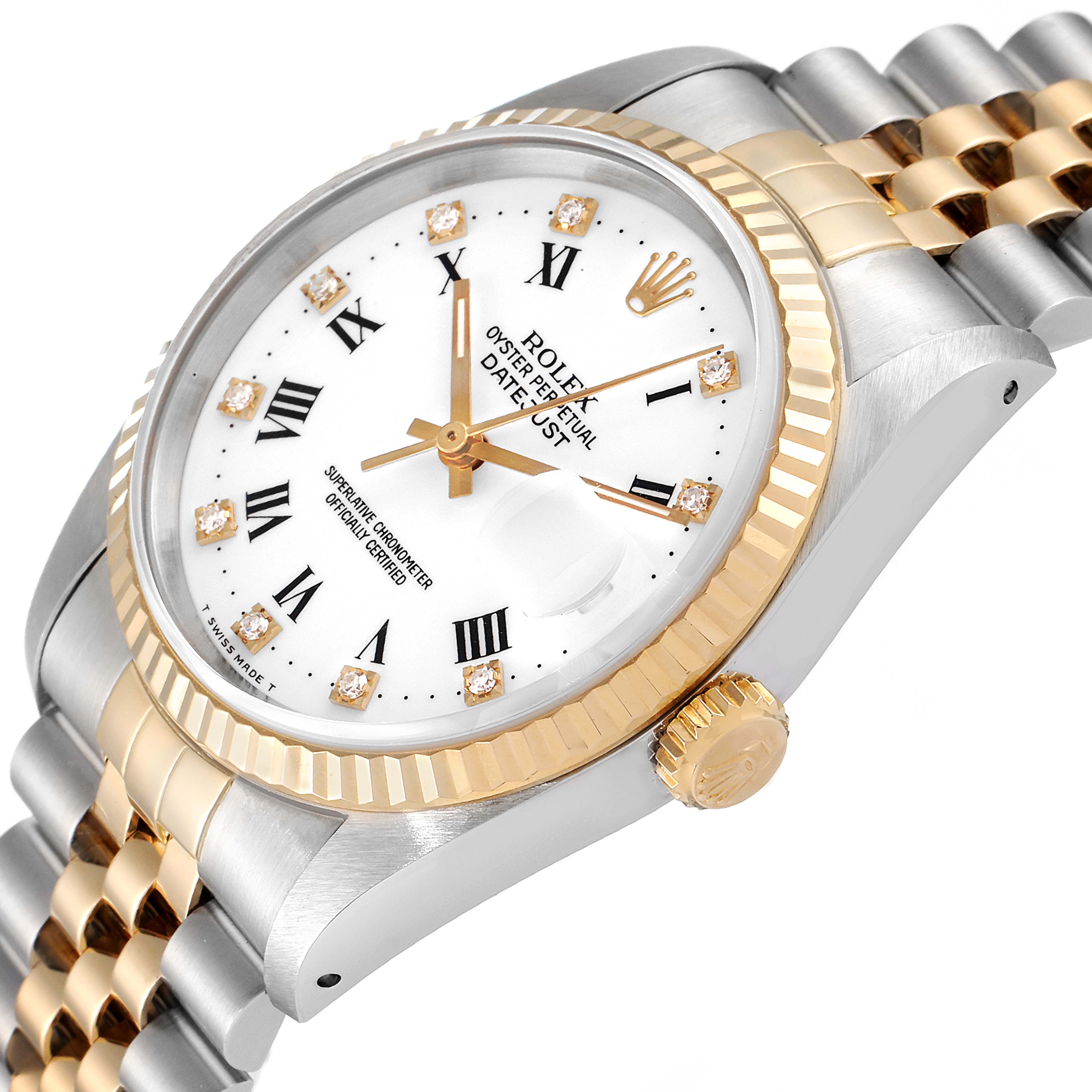 The image shows a Rolex Datejust 16233 Men's Steel and Gold (two tone) White Dial 16233 Men's Steel and Gold (two tone) White Dial watch from a side angle, highlighting the bezel, dial, crown, and part of the bracelet.