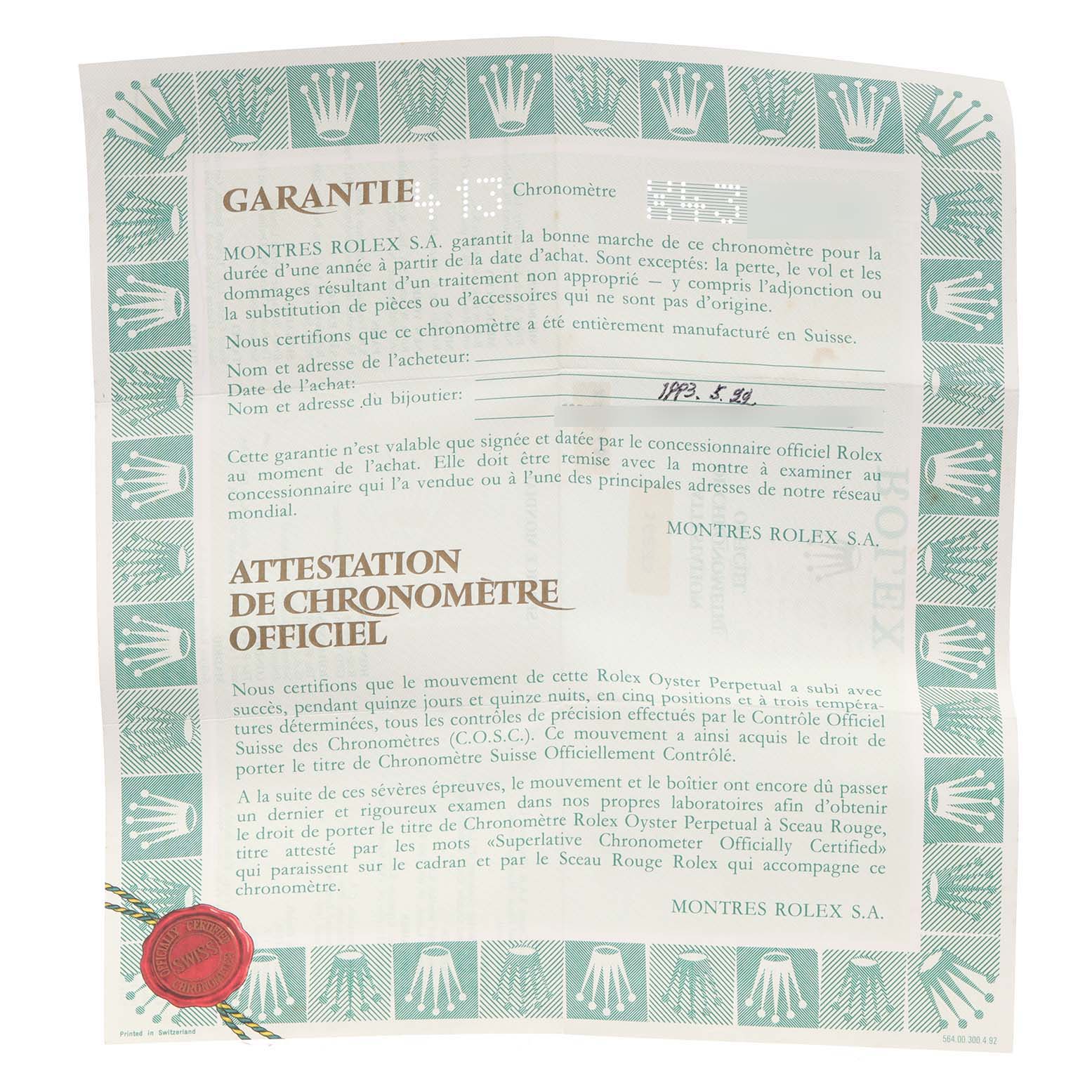 The image shows an official warranty and chronometer certificate for a Rolex Datejust 16233 Men's Steel and Gold (two tone) White Dial 16233 Men's Steel and Gold (two tone) White Dial watch.