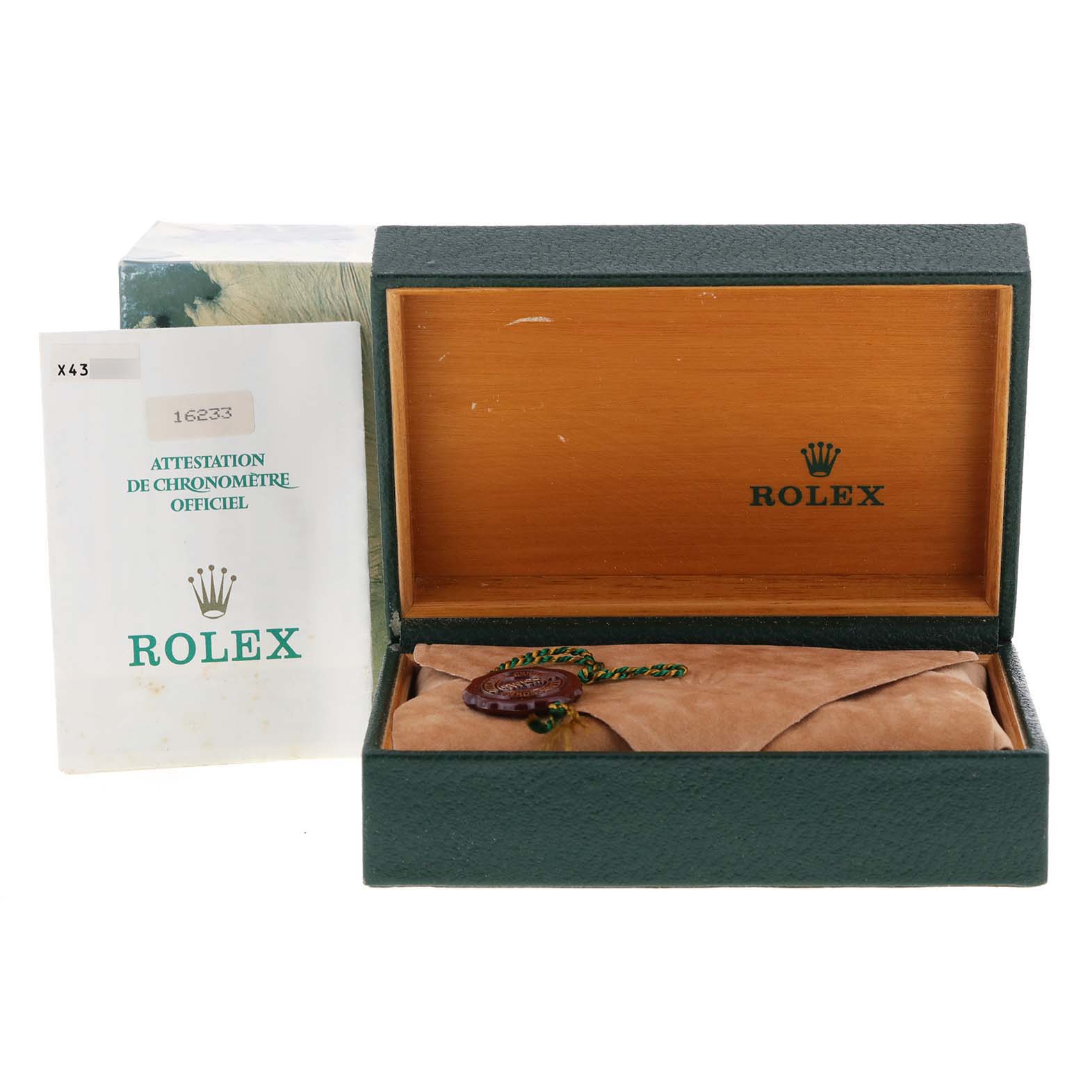 The image shows a Rolex Datejust 16233 Men's Steel and Gold (two tone) White Dial 16233 Men's Steel and Gold (two tone) White Dial watch box, authenticity certificate, and wax seal, without the watch visible.