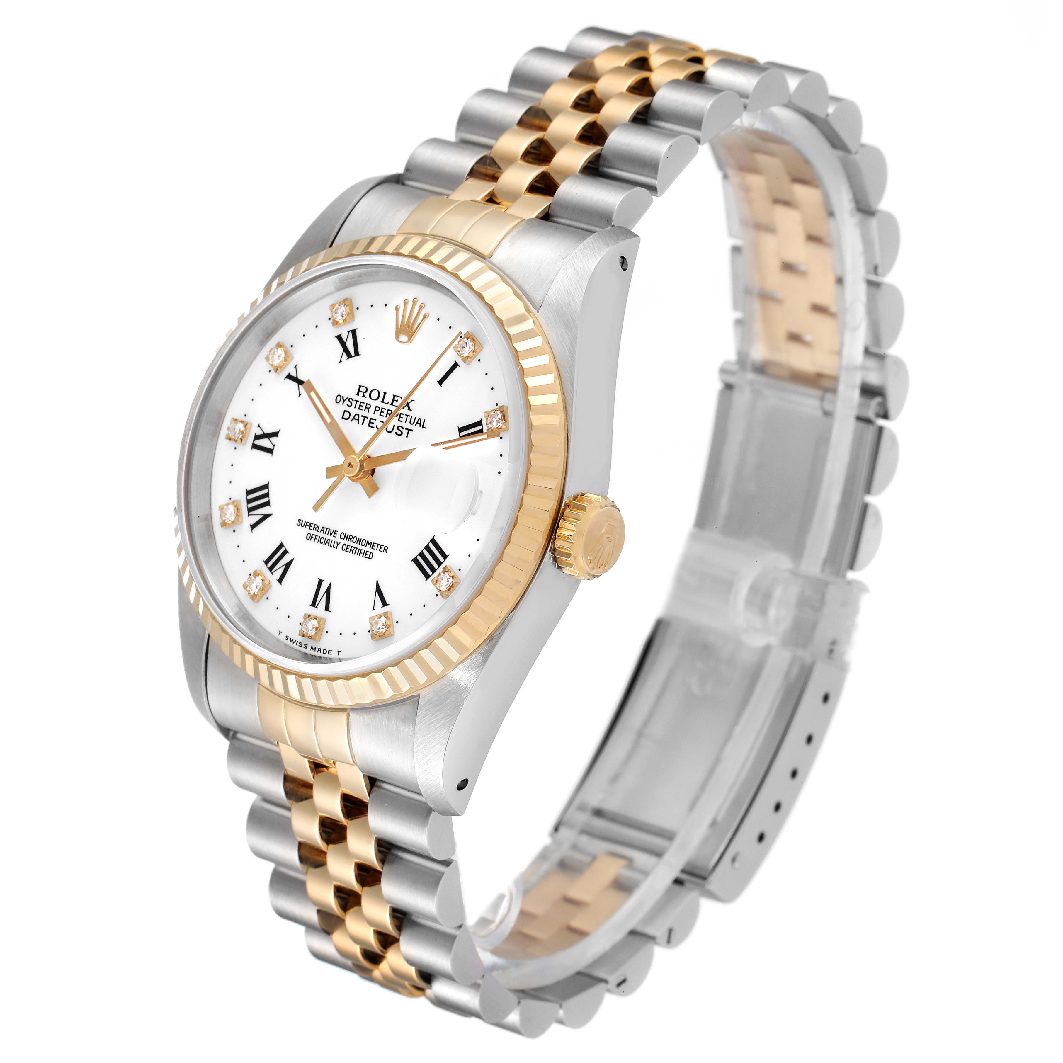 This image shows a Rolex Datejust 16233 Men's Steel and Gold (two tone) White Dial 16233 Men's Steel and Gold (two tone) White Dial watch at a slight angle, displaying the bracelet, face, crown, and bezel.