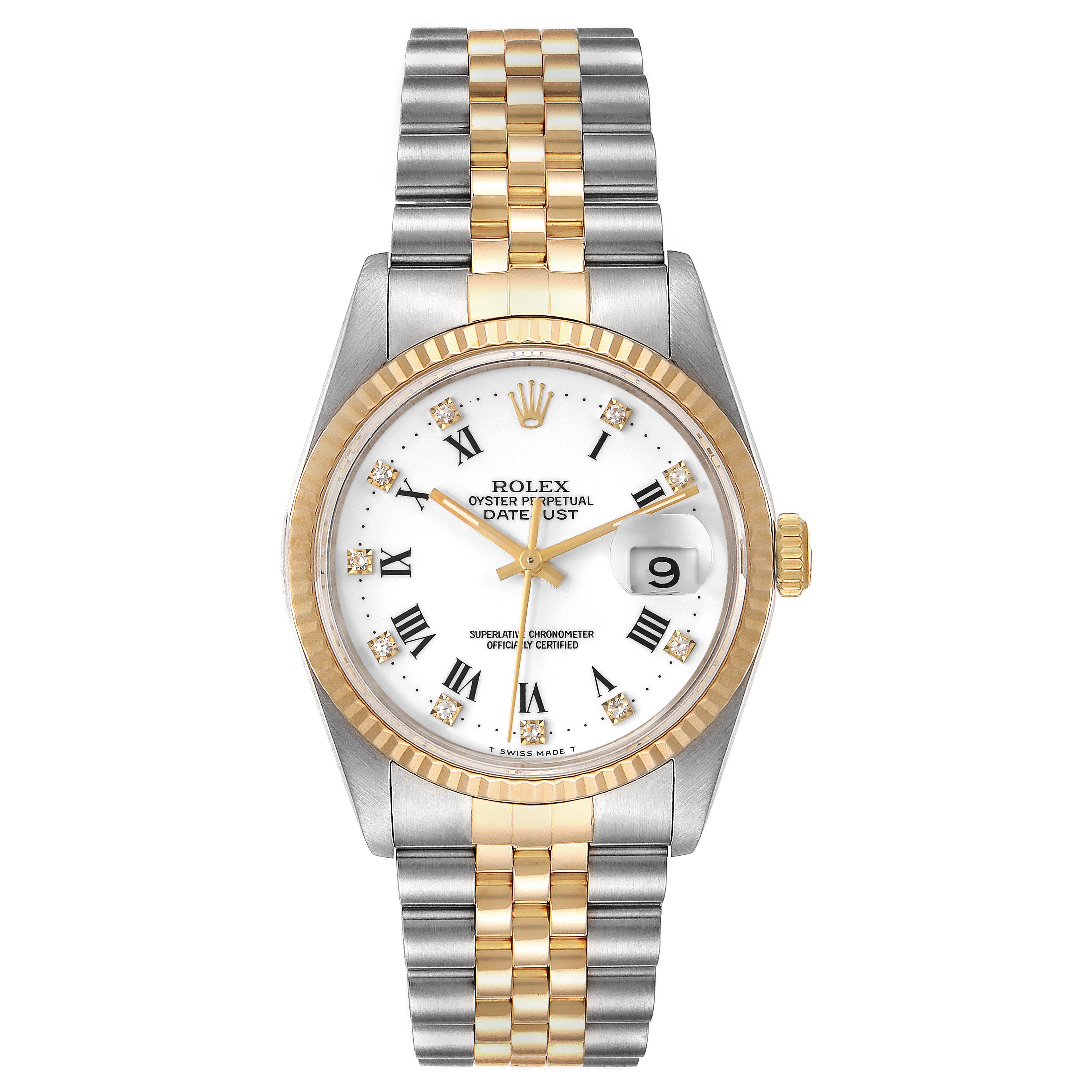 The image shows a front view of a Rolex Datejust 16233 Men's Steel and Gold (two tone) White Dial 16233 Men's Steel and Gold (two tone) White Dial watch with a two-tone bracelet and a white dial.