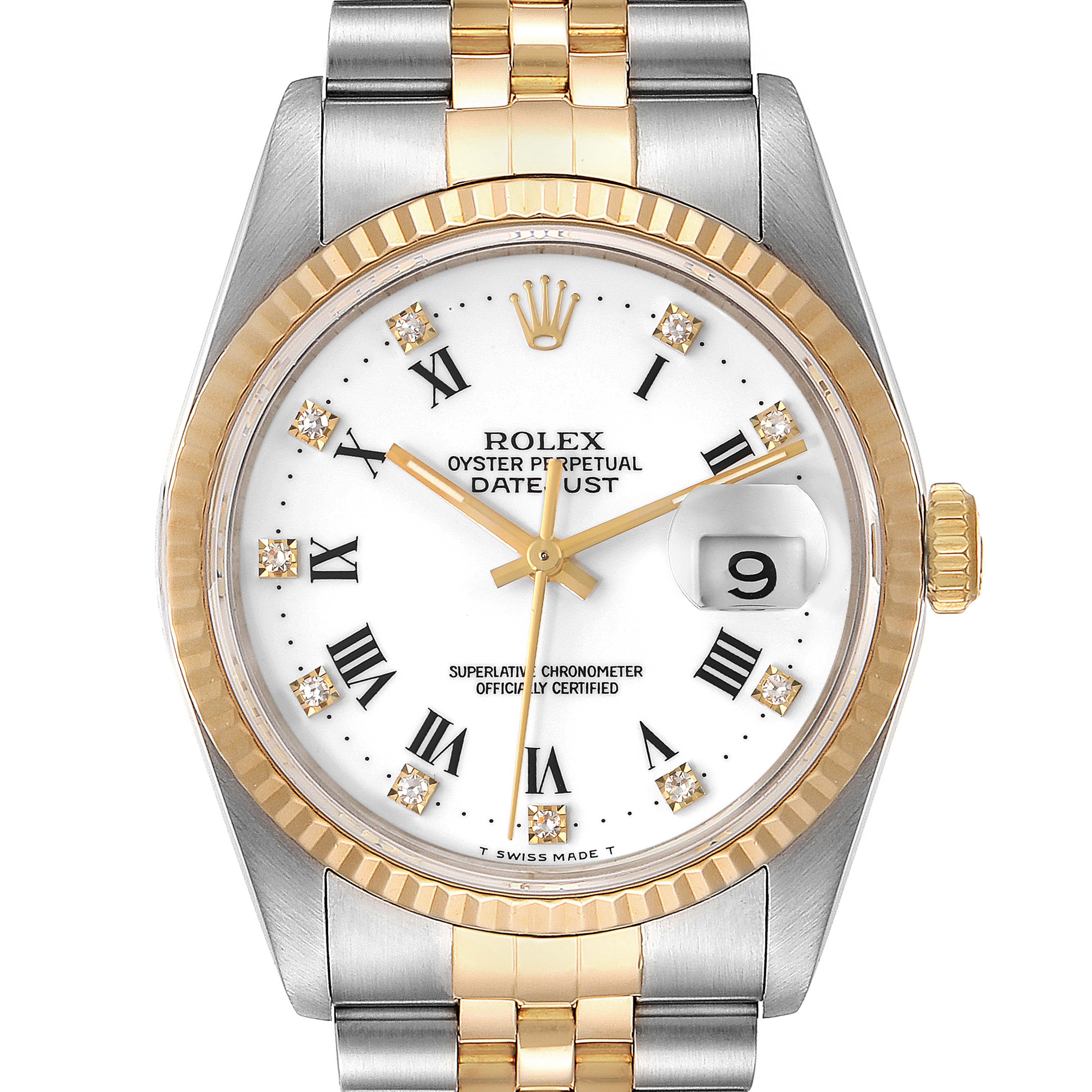 The image shows a front view of a Rolex Datejust 16233 Men's Steel and Gold (two tone) White Dial 16233 Men's Steel and Gold (two tone) White Dial watch, highlighting the dial, bezel, and part of the bracelet.