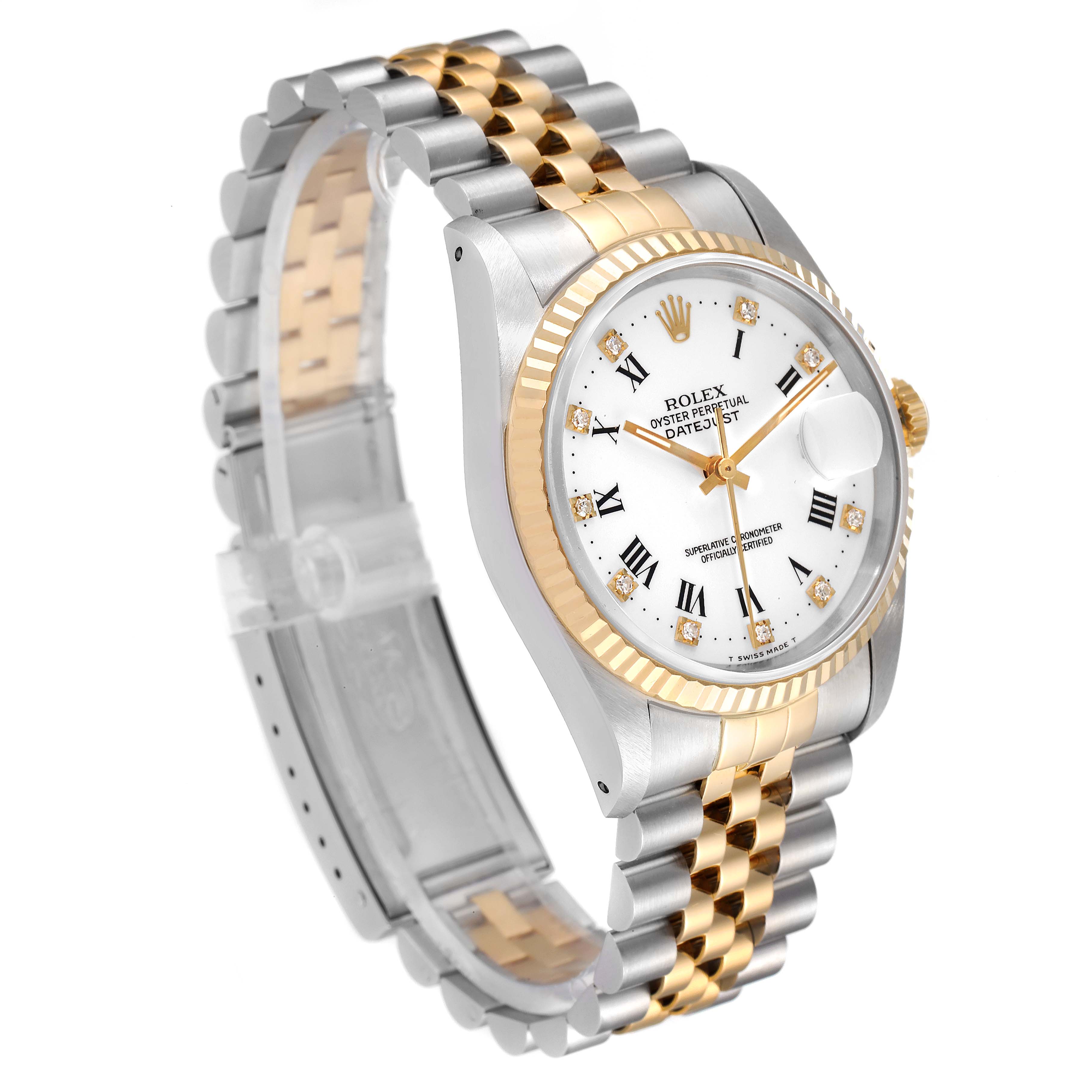 The image shows a Rolex Datejust 16233 Men's Steel and Gold (two tone) White Dial 16233 Men's Steel and Gold (two tone) White Dial watch at a three-quarter angle, highlighting its fluted bezel, white dial, and two-tone bracelet.