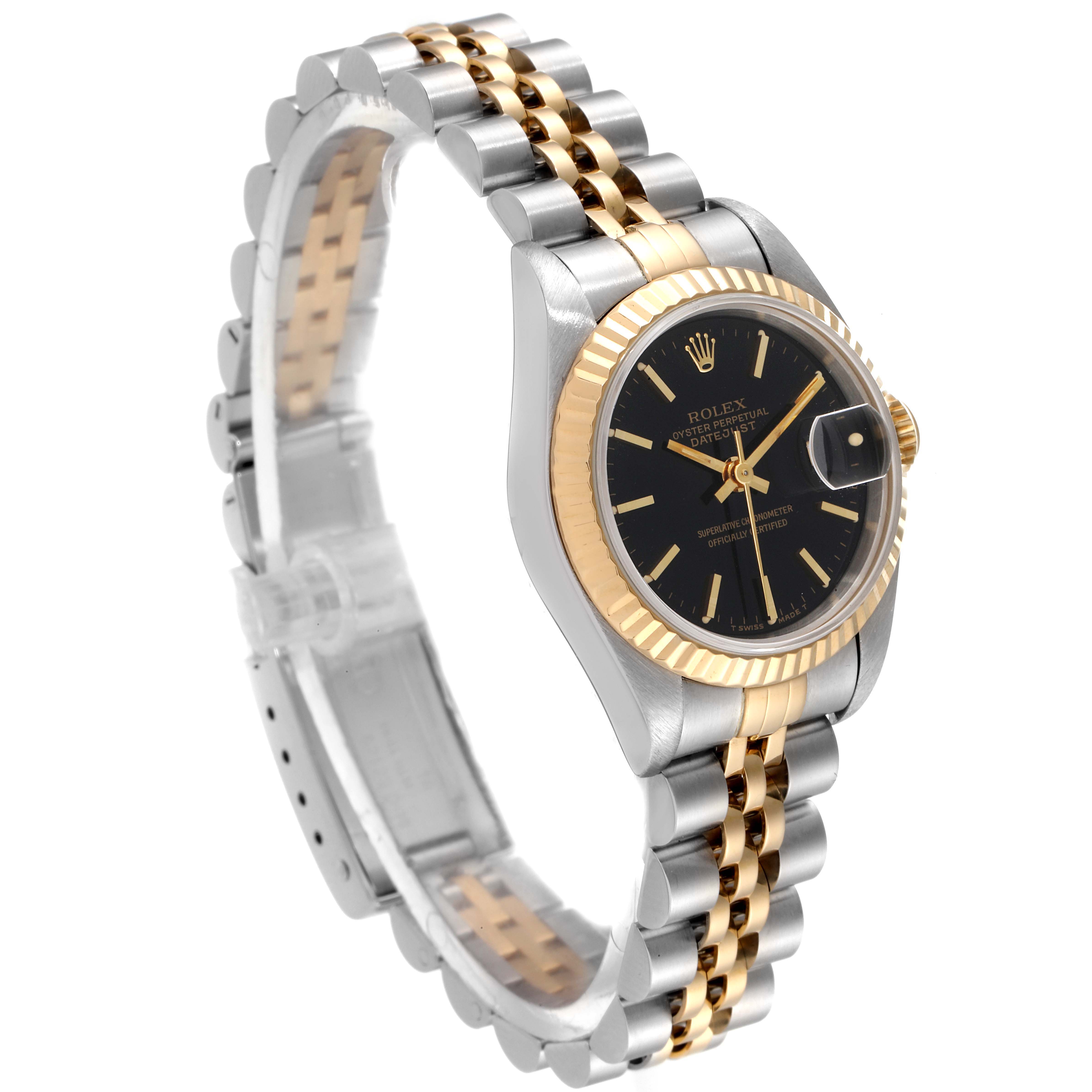 The image shows a side view of a Rolex Datejust 69173 Women
s Steel and Gold (two tone) Black Dial 69173 Women
s Steel and Gold (two tone) Black Dial watch, featuring a two-tone band and a black dial with gold accents.