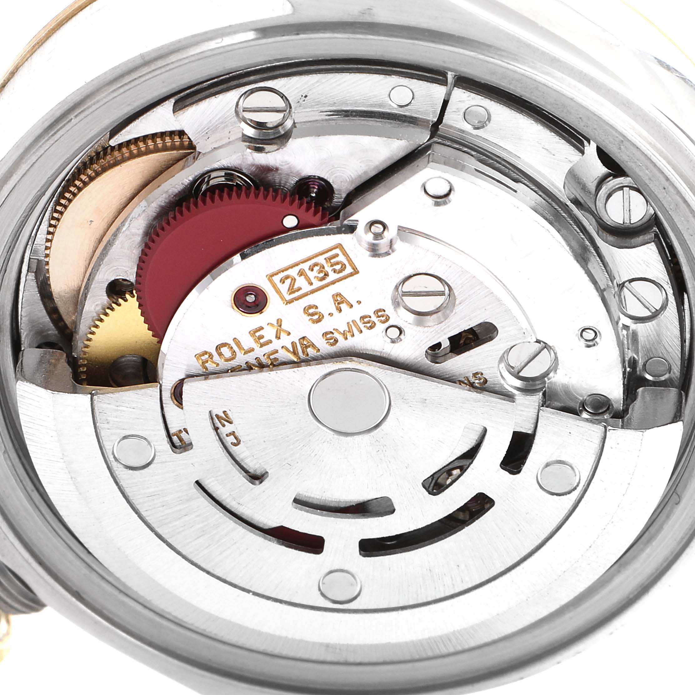 This image shows a close-up of the Rolex Datejust 69173 Women
s Steel and Gold (two tone) Black Dial 69173 Women
s Steel and Gold (two tone) Black Dial watch movement, highlighting gears and internal components.