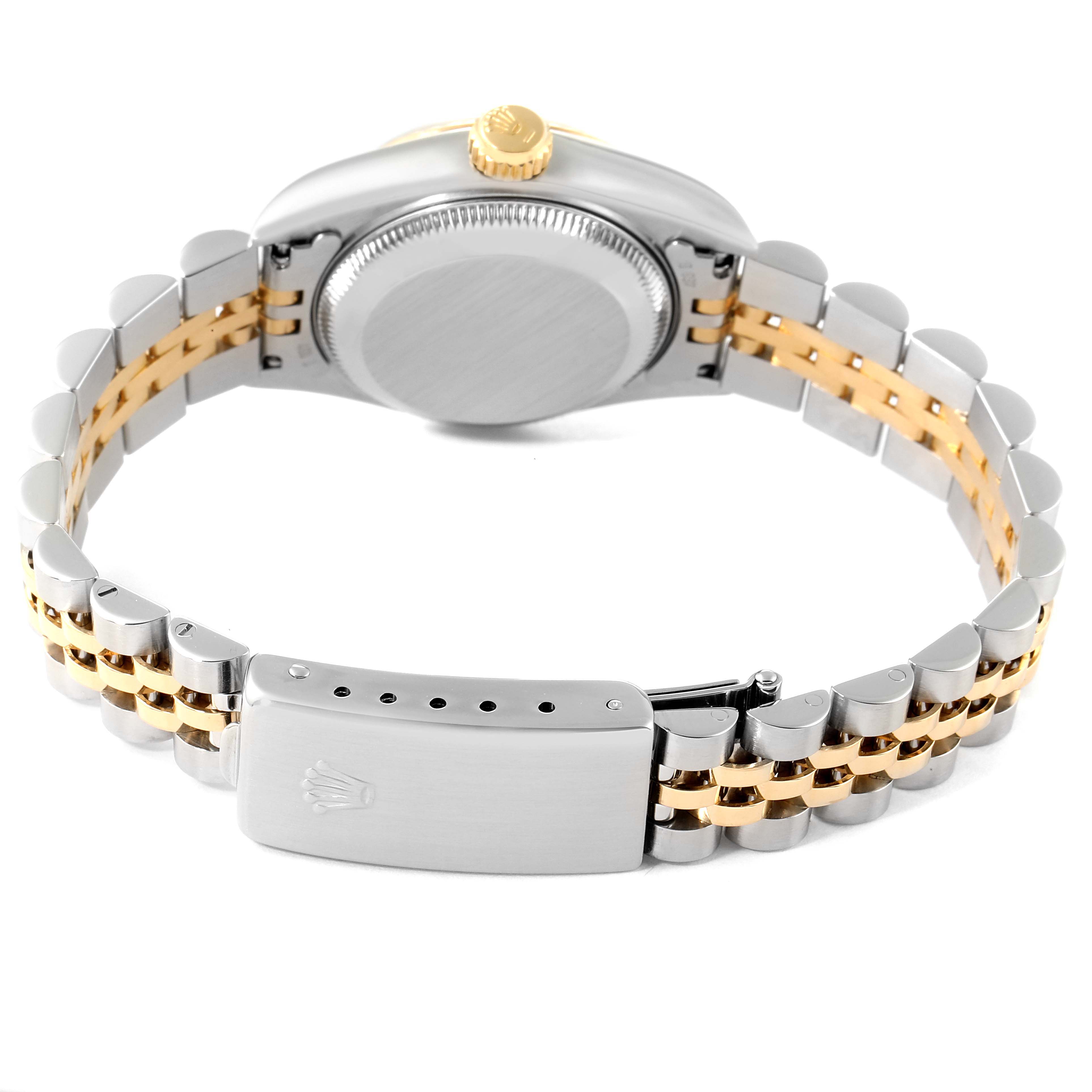 The image shows the back of the Rolex Datejust 69173 Women
s Steel and Gold (two tone) Black Dial 69173 Women
s Steel and Gold (two tone) Black Dial watch, highlighting the clasp, case back, and two-tone bracelet.