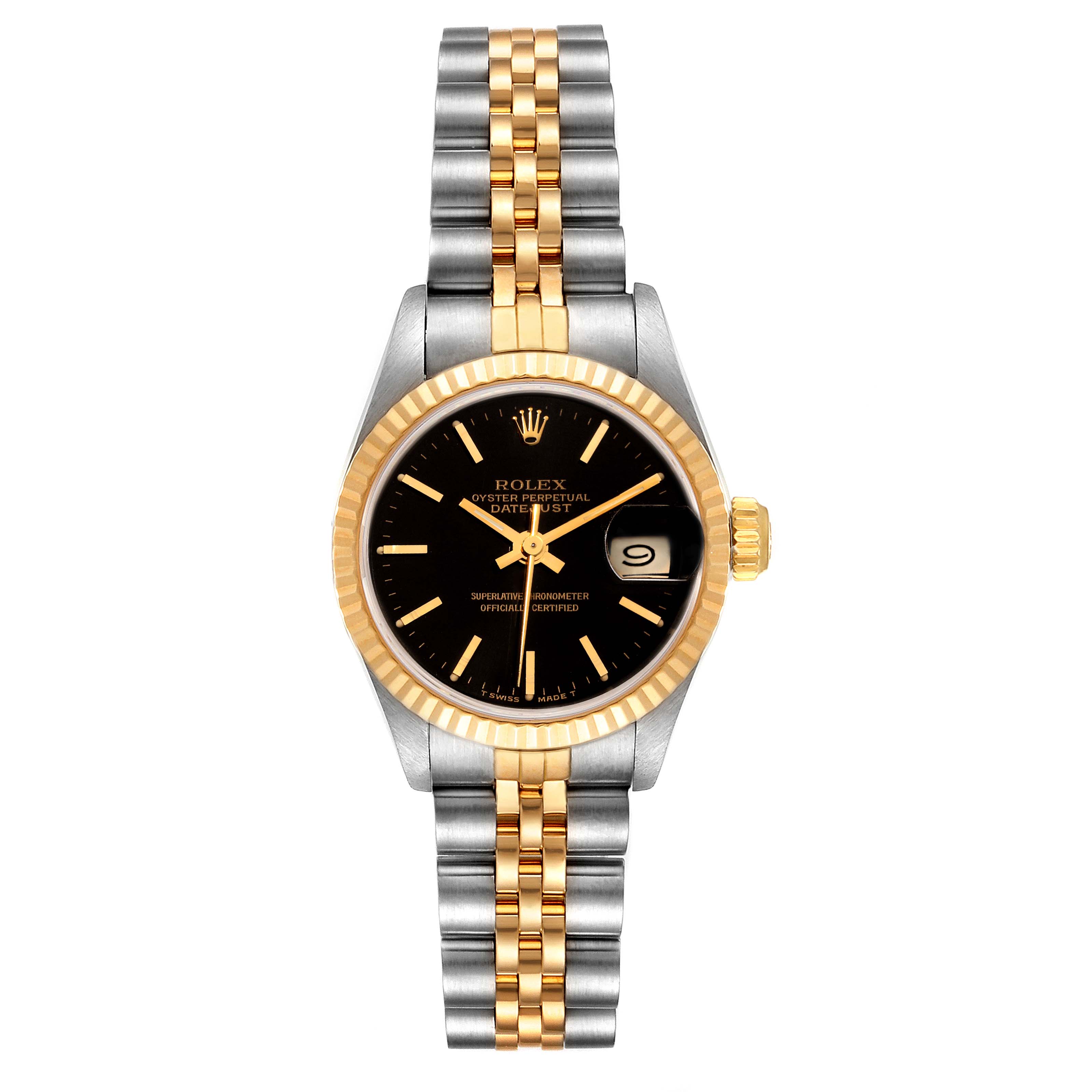 This image shows the Rolex Datejust 69173 Women
s Steel and Gold (two tone) Black Dial 69173 Women
s Steel and Gold (two tone) Black Dial watch from a top-down angle, highlighting its two-tone bracelet, black dial, and date window.