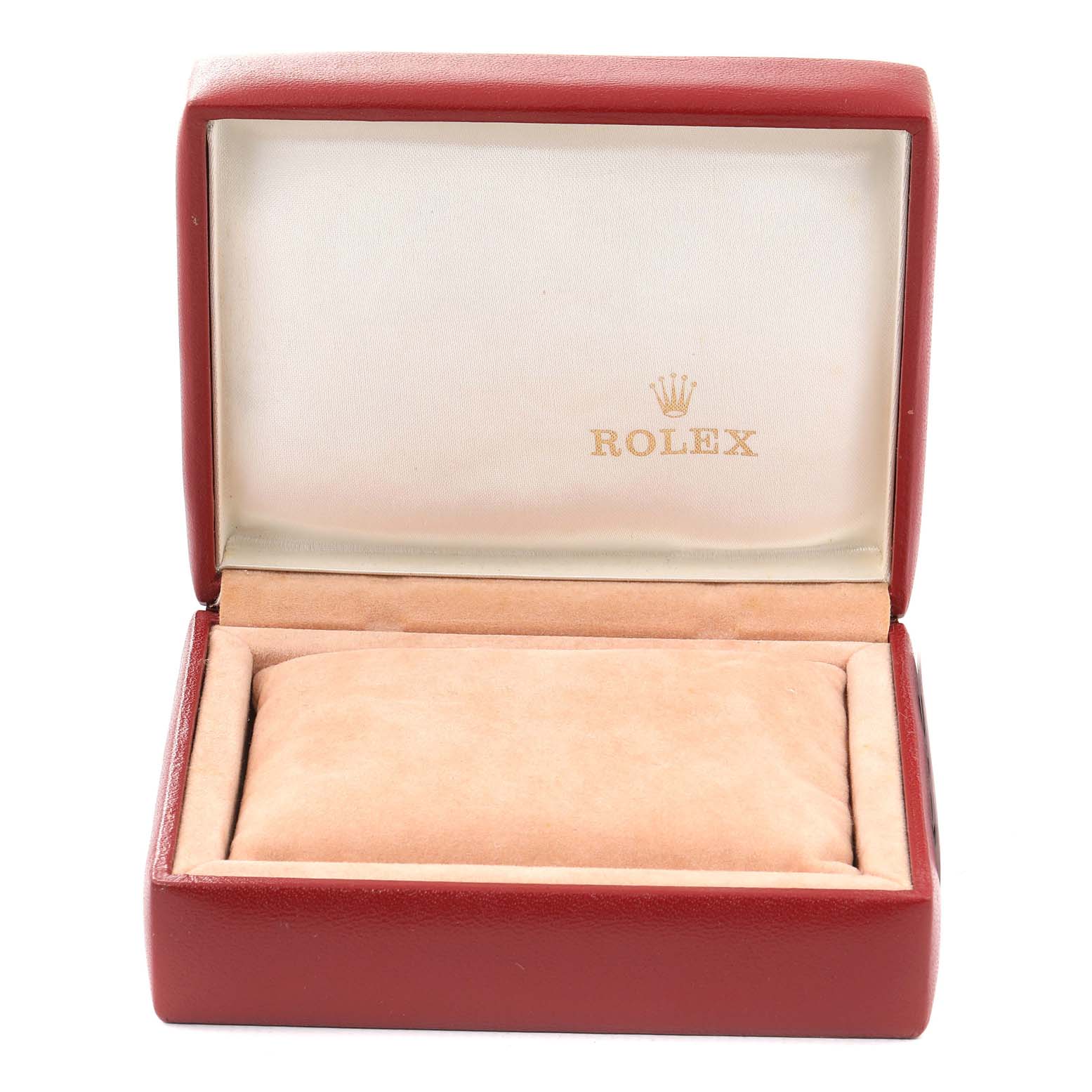 This image shows an open watch box for a Rolex Datejust 69173 Women
s Steel and Gold (two tone) Black Dial 69173 Women
s Steel and Gold (two tone) Black Dial model, revealing its interior cushion and logo.