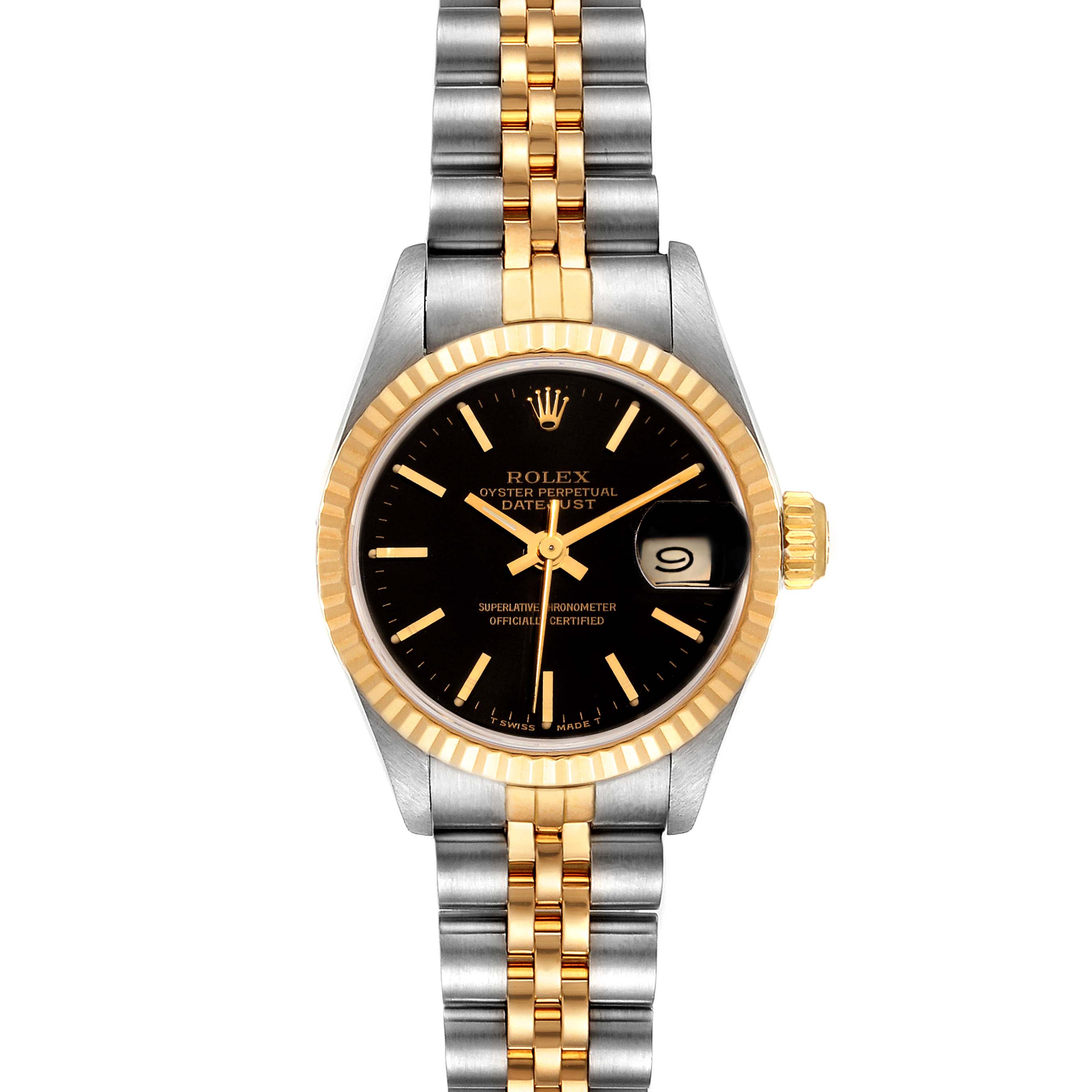 The Rolex Datejust 69173 Women
s Steel and Gold (two tone) Black Dial 69173 Women
s Steel and Gold (two tone) Black Dial watch is shown from a front angle, displaying the dial, bezel, crown, and bracelet.