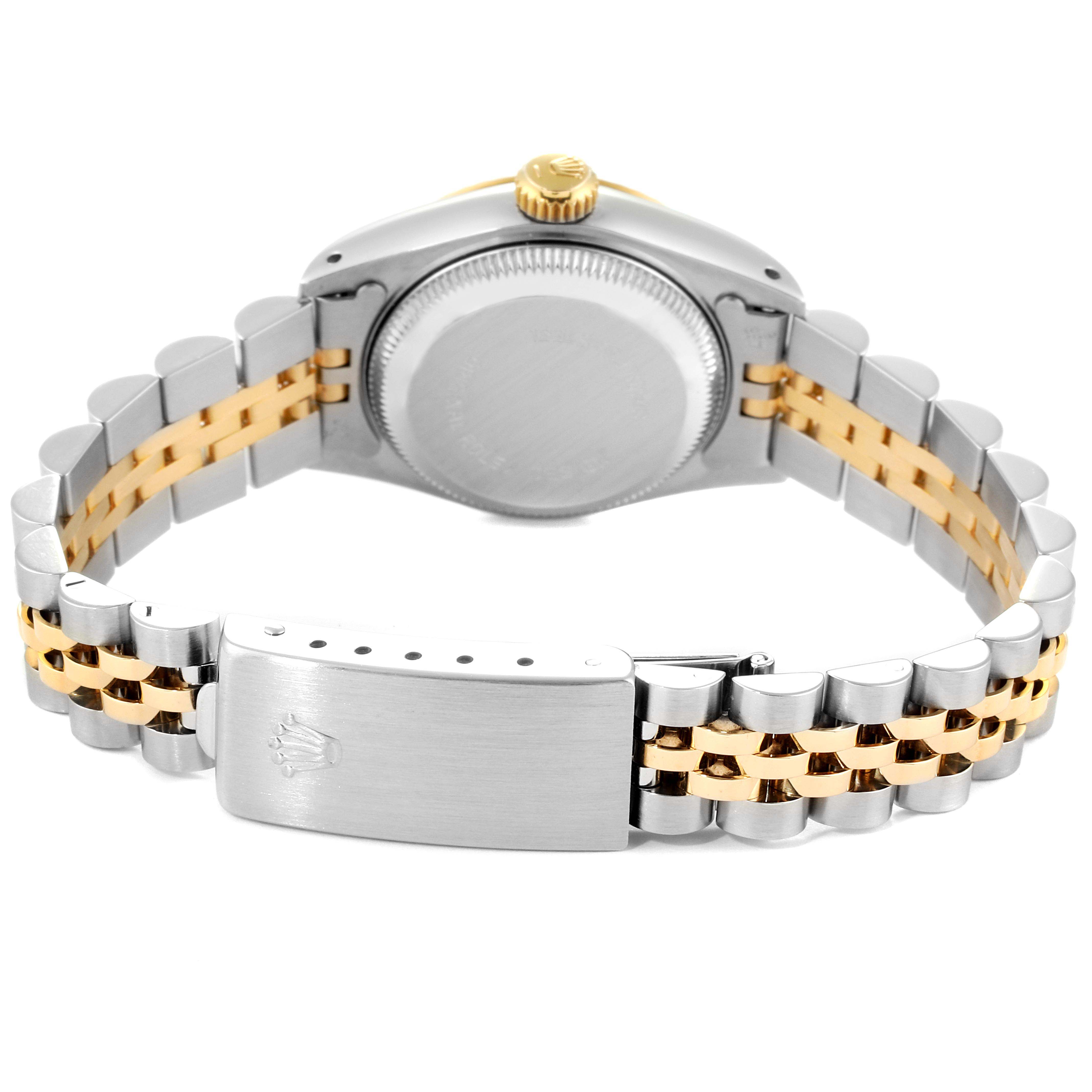 The image shows the back view of a Rolex Datejust 69173 Women's Steel and Gold (two tone) Champagne Dial 69173 Women's Steel and Gold (two tone) Champagne Dial watch, highlighting the case back, crown, and two-tone bracelet with a clasp.