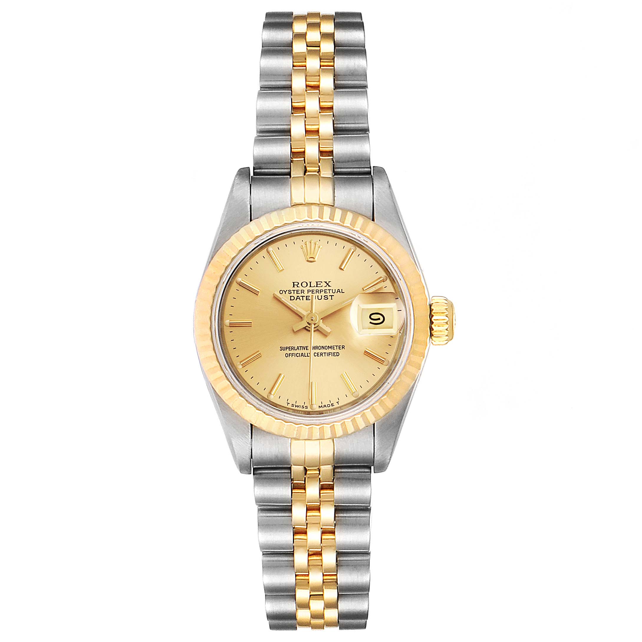 This image shows a front view of a Rolex Datejust 69173 Women's Steel and Gold (two tone) Champagne Dial 69173 Women's Steel and Gold (two tone) Champagne Dial watch, revealing its face, bezel, and two-tone bracelet.