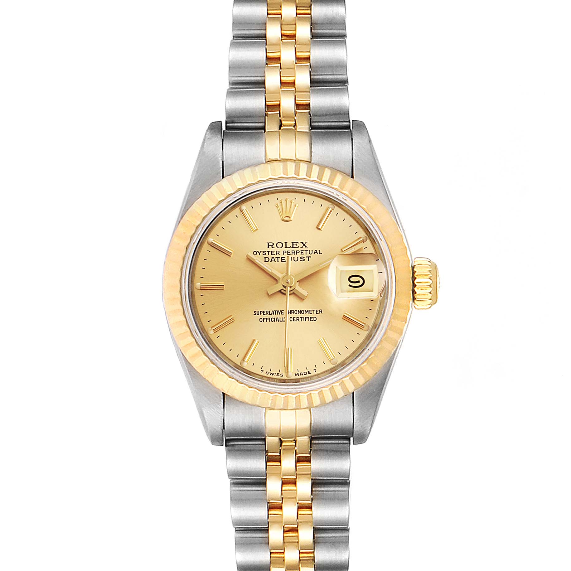 The Rolex Datejust 69173 Women's Steel and Gold (two tone) Champagne Dial 69173 Women's Steel and Gold (two tone) Champagne Dial watch is shown at a frontal angle, highlighting the dial, bezel, bracelet, and date feature.