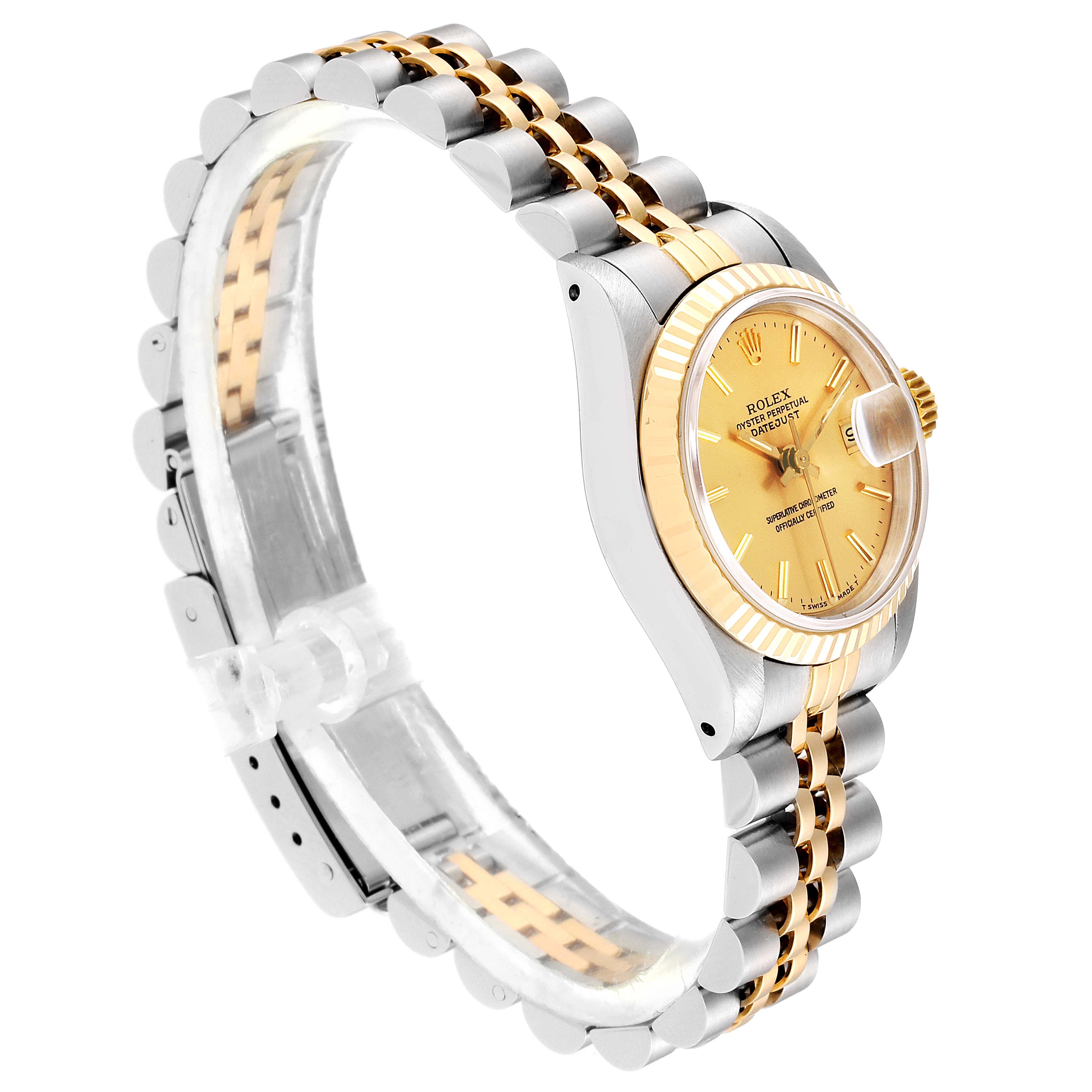 The image shows a side view of a Rolex Datejust 69173 Women's Steel and Gold (two tone) Champagne Dial 69173 Women's Steel and Gold (two tone) Champagne Dial watch, highlighting the dial, case, and two-tone bracelet.